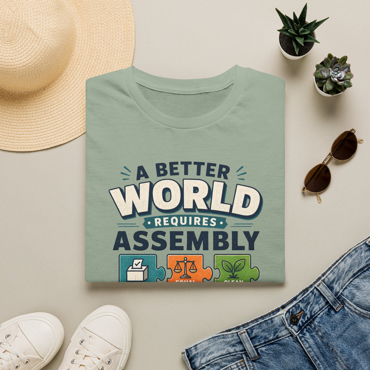 A Better World Requires Assembly T-Shirt — Sustainability, Voting & Community Graphic Tee