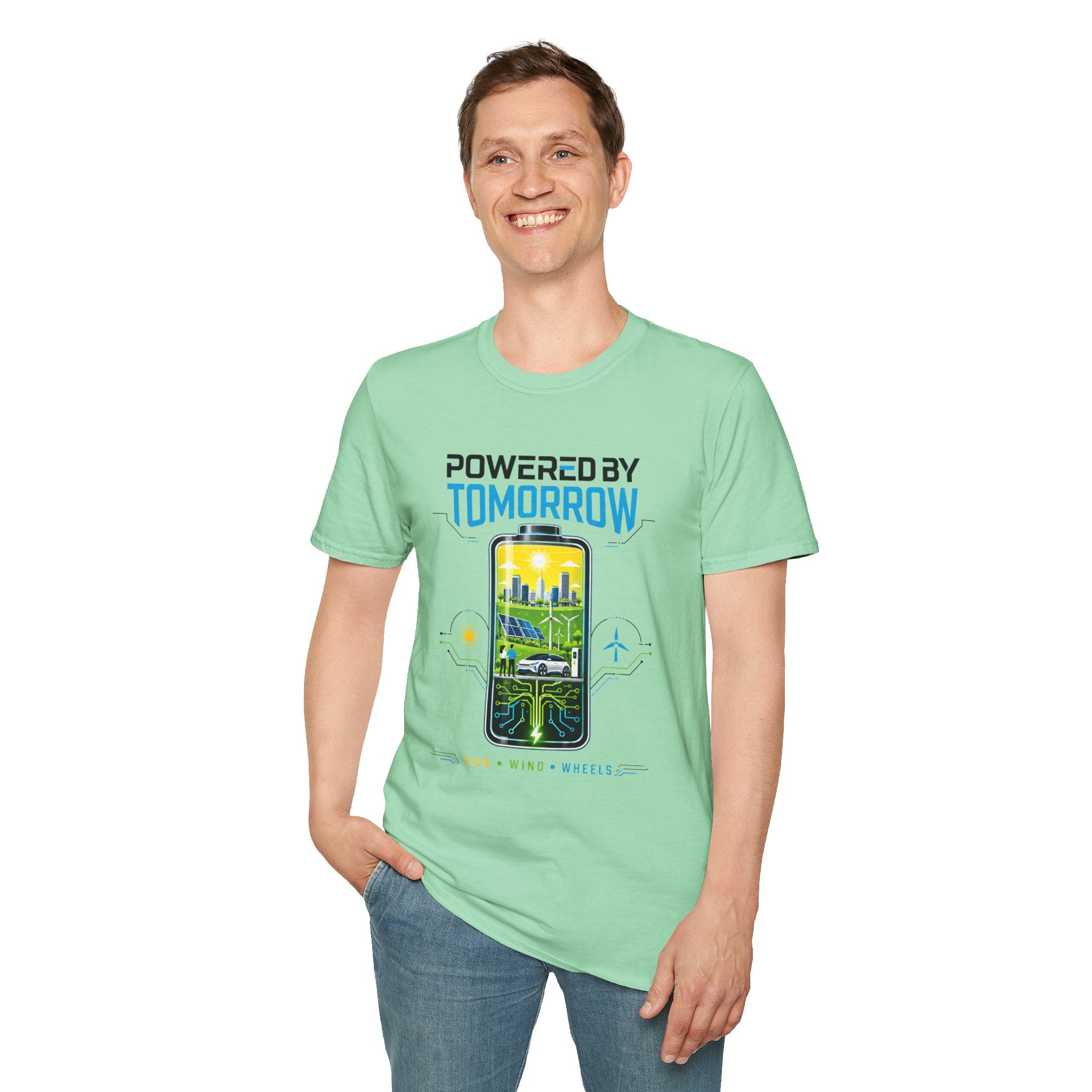 Powered By Tomorrow T‑Shirt — Eco Future Renewable Energy Graphic Tee