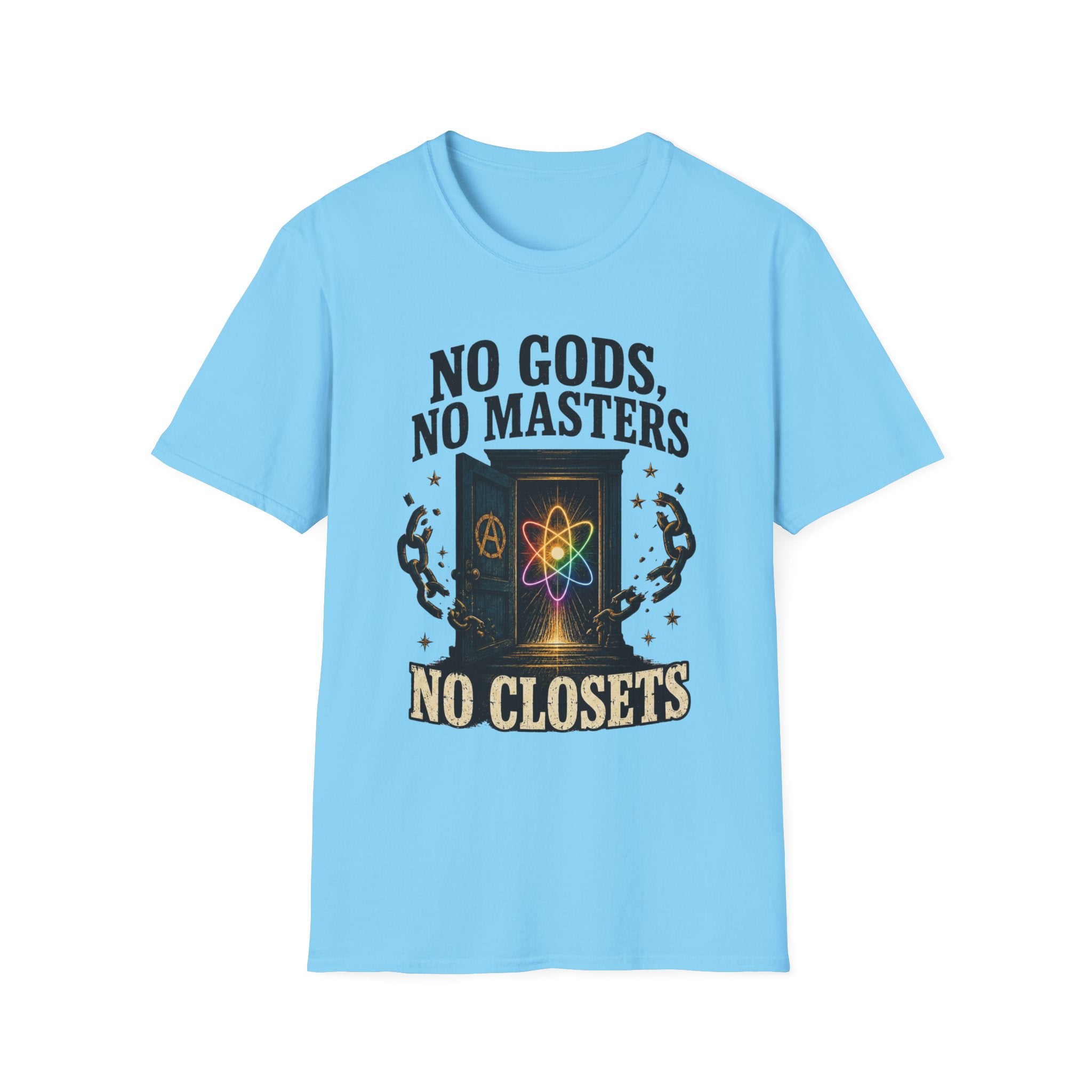 "No Gods, No Masters, No Closets" Atheist & LGBTQ+ Pride Graphic Tee