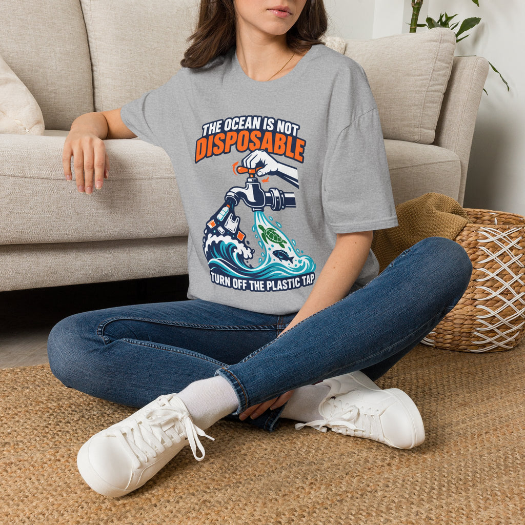 Ocean Conservation T-Shirt — "The Ocean Is Not Disposable" Plastic Tap Graphic