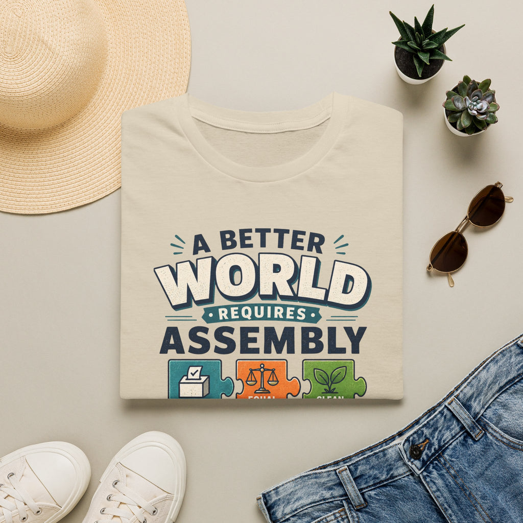 A Better World Requires Assembly T-Shirt — Sustainability, Voting & Community Graphic Tee