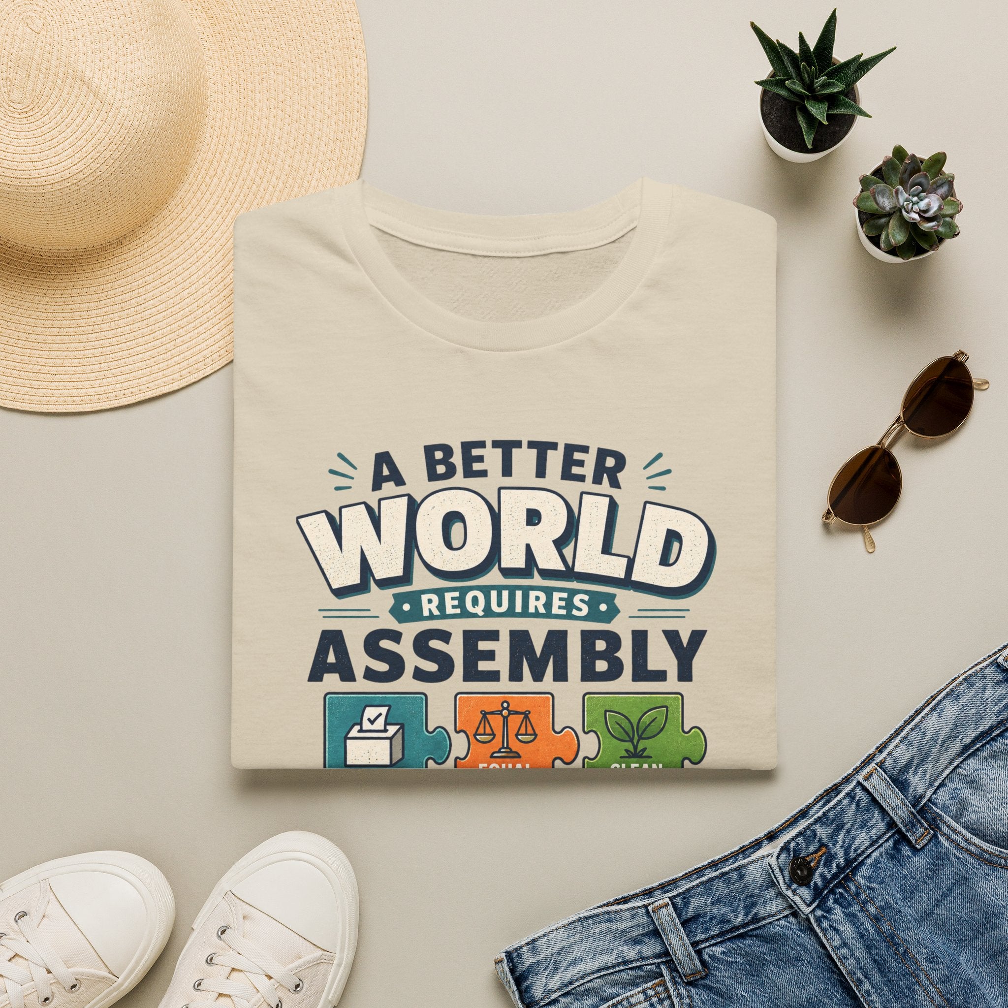 A Better World Requires Assembly T-Shirt — Sustainability, Voting & Community Graphic Tee