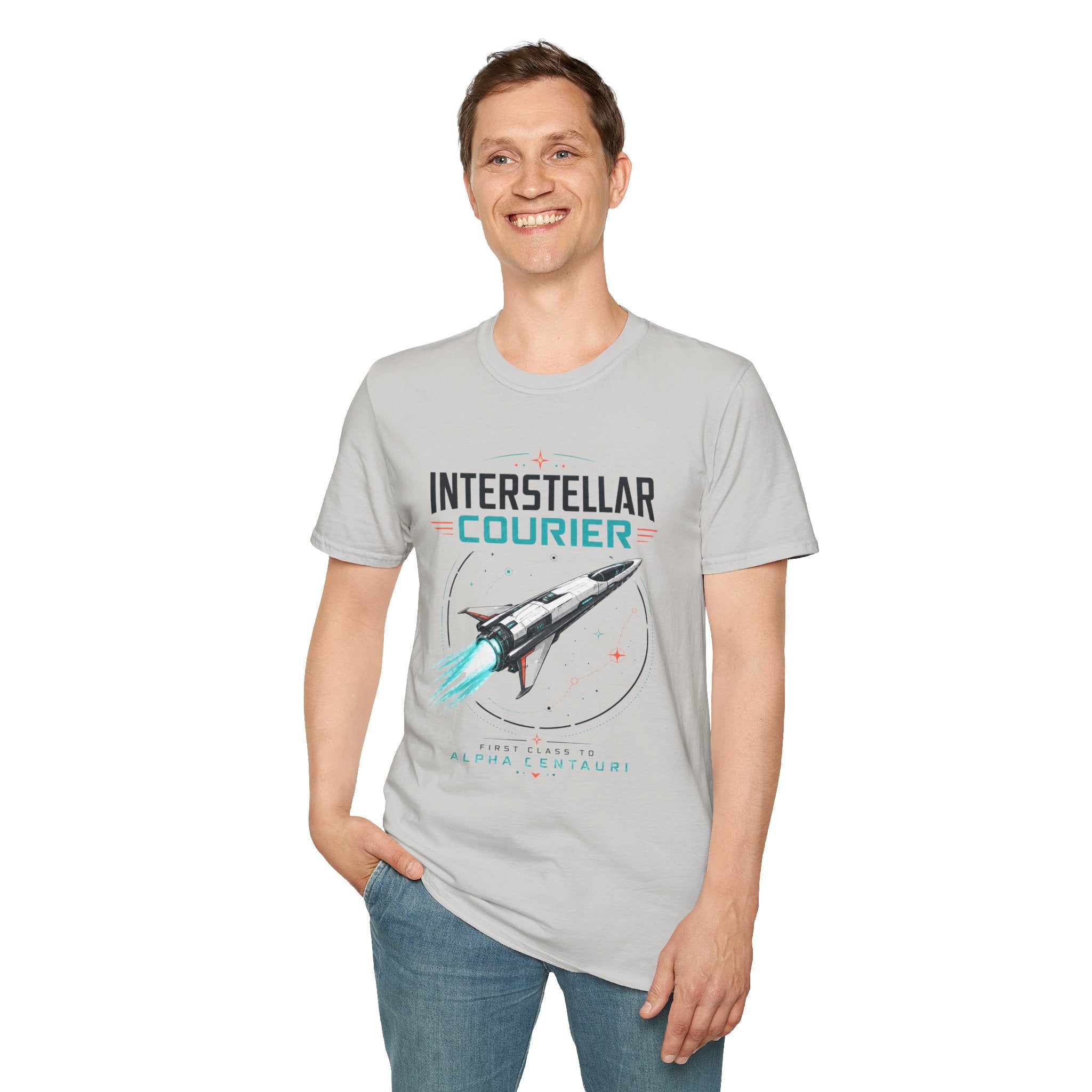 Interstellar Courier T‑Shirt — Retro Space Rocket Tee for Sci‑Fi Fans