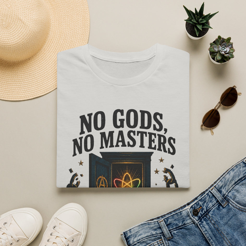 "No Gods, No Masters, No Closets" Atheist & LGBTQ+ Pride Graphic Tee