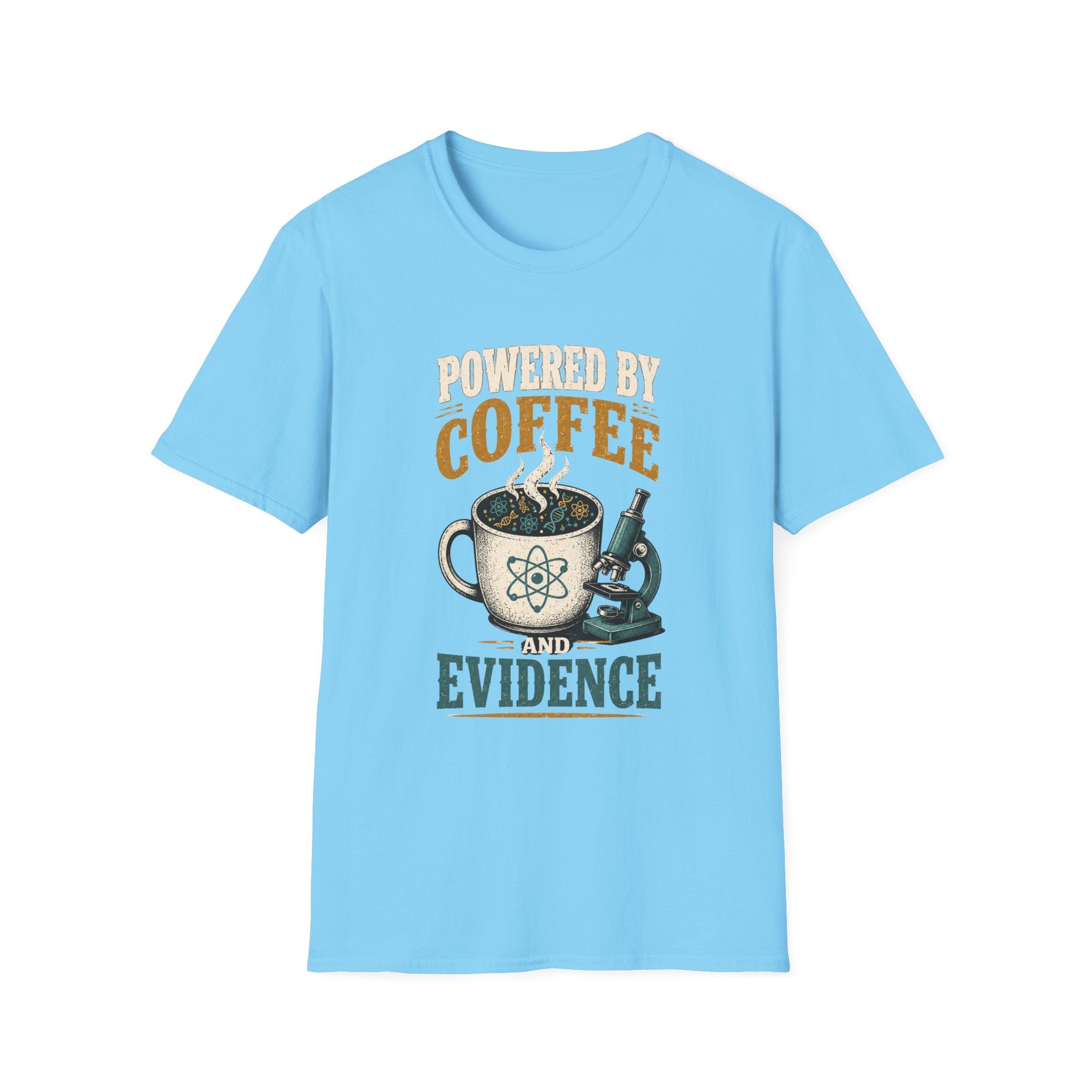 Coffee T-Shirt — "Powered by Coffee & Evidence" Retro Science Mug Design