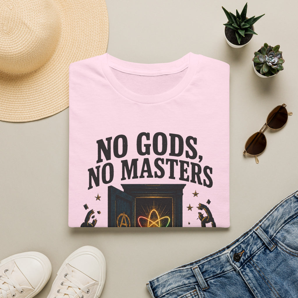 "No Gods, No Masters, No Closets" Atheist & LGBTQ+ Pride Graphic Tee