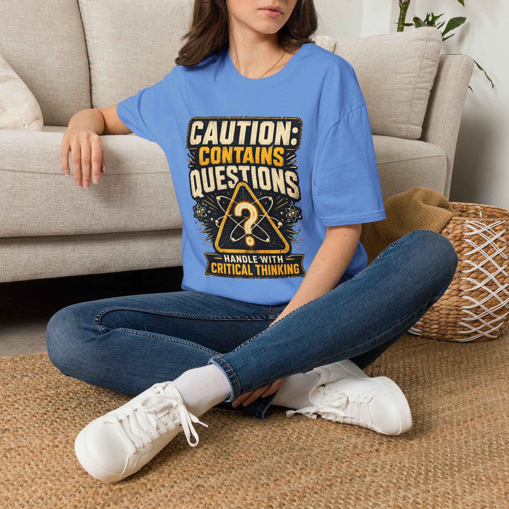 Caution: Contains Questions T-Shirt — Handle With Critical Thinking Graphic Tee