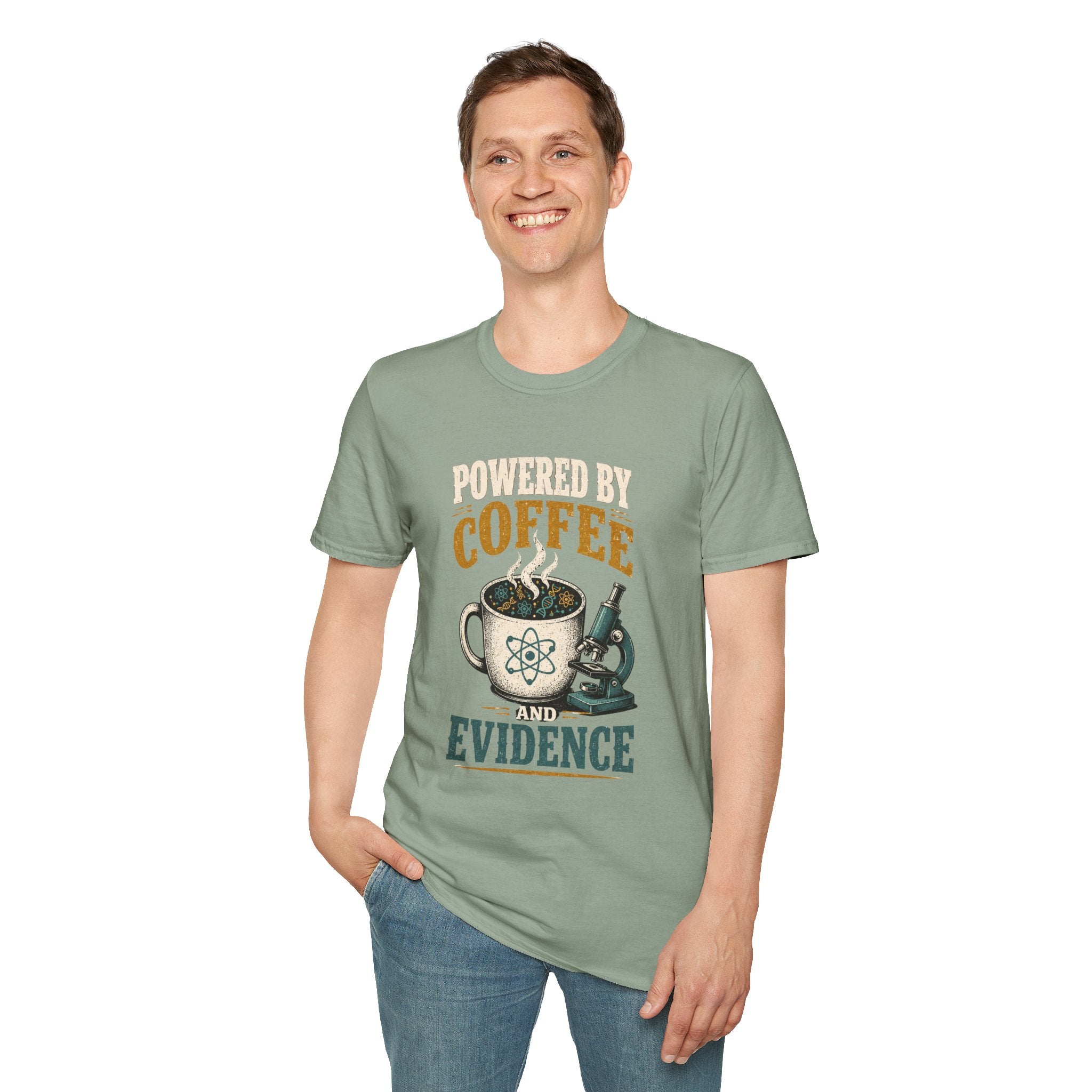 Coffee T-Shirt — "Powered by Coffee & Evidence" Retro Science Mug Design