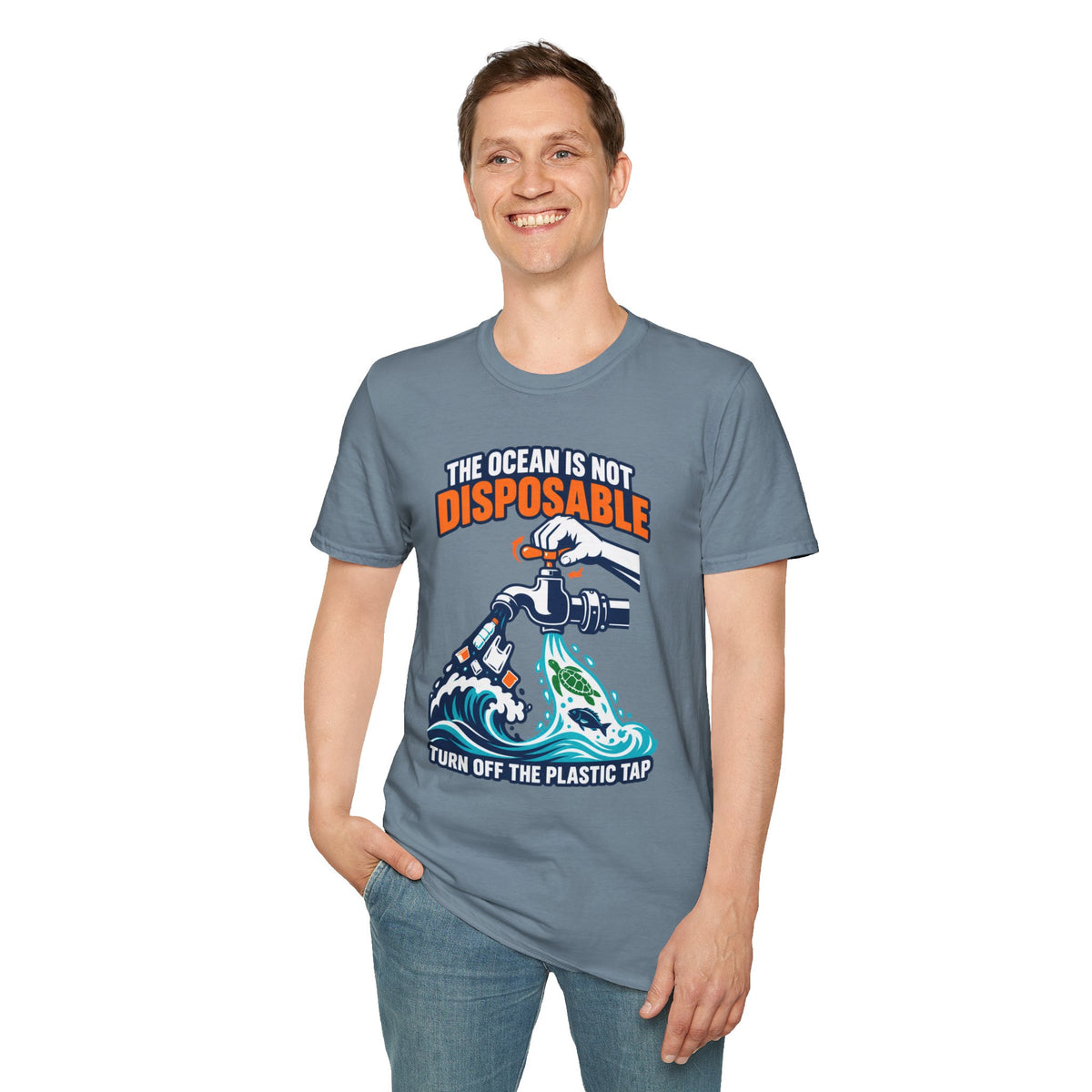 Ocean Conservation T-Shirt — "The Ocean Is Not Disposable" Plastic Tap Graphic