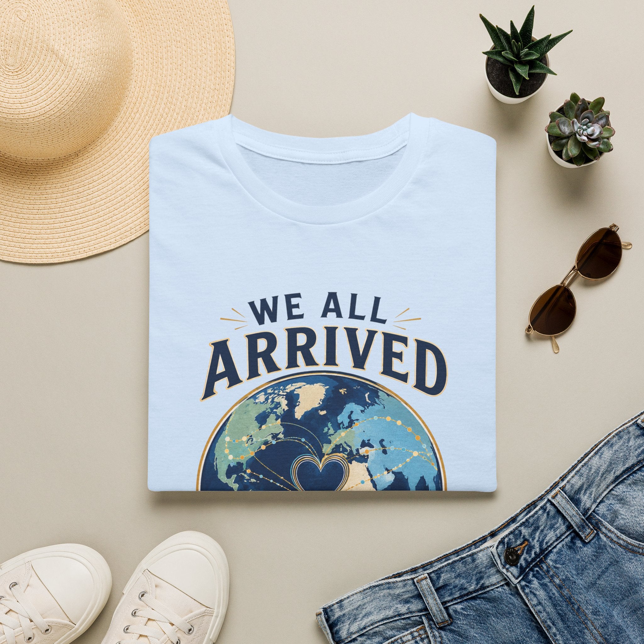 T-Shirt — "We All Arrived From Somewhere" Earth Graphic Tee (Travel & Unity)