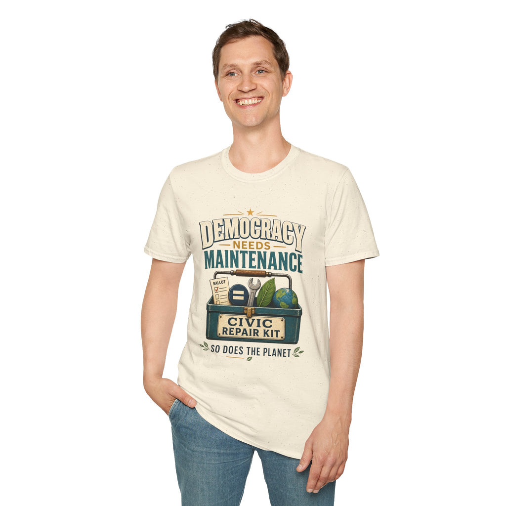 Democracy Needs Maintenance T-Shirt — Civic Repair Kit Tee