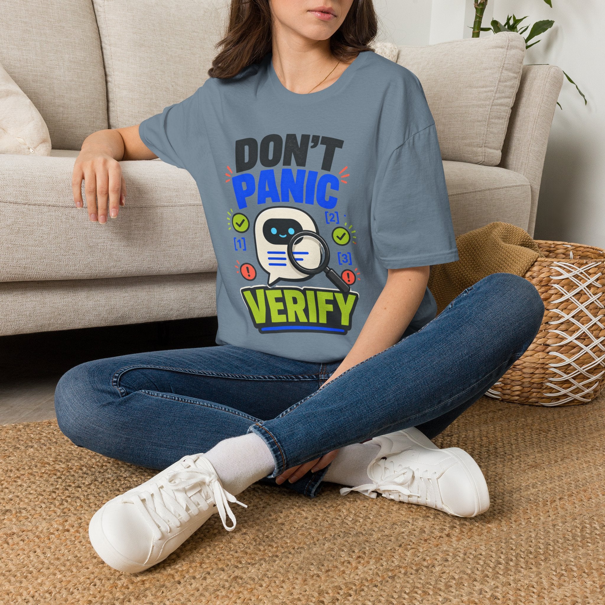 Don't Panic Verify T‑Shirt — Cute Robot Security Humor Tee for Techies