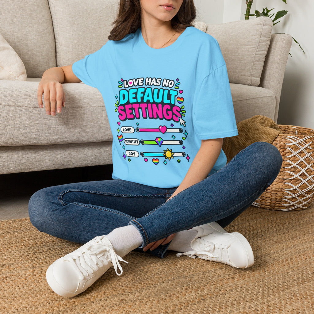 "Love Has No Default Settings" Bright LGBTQ+ Pride Graphic Tee