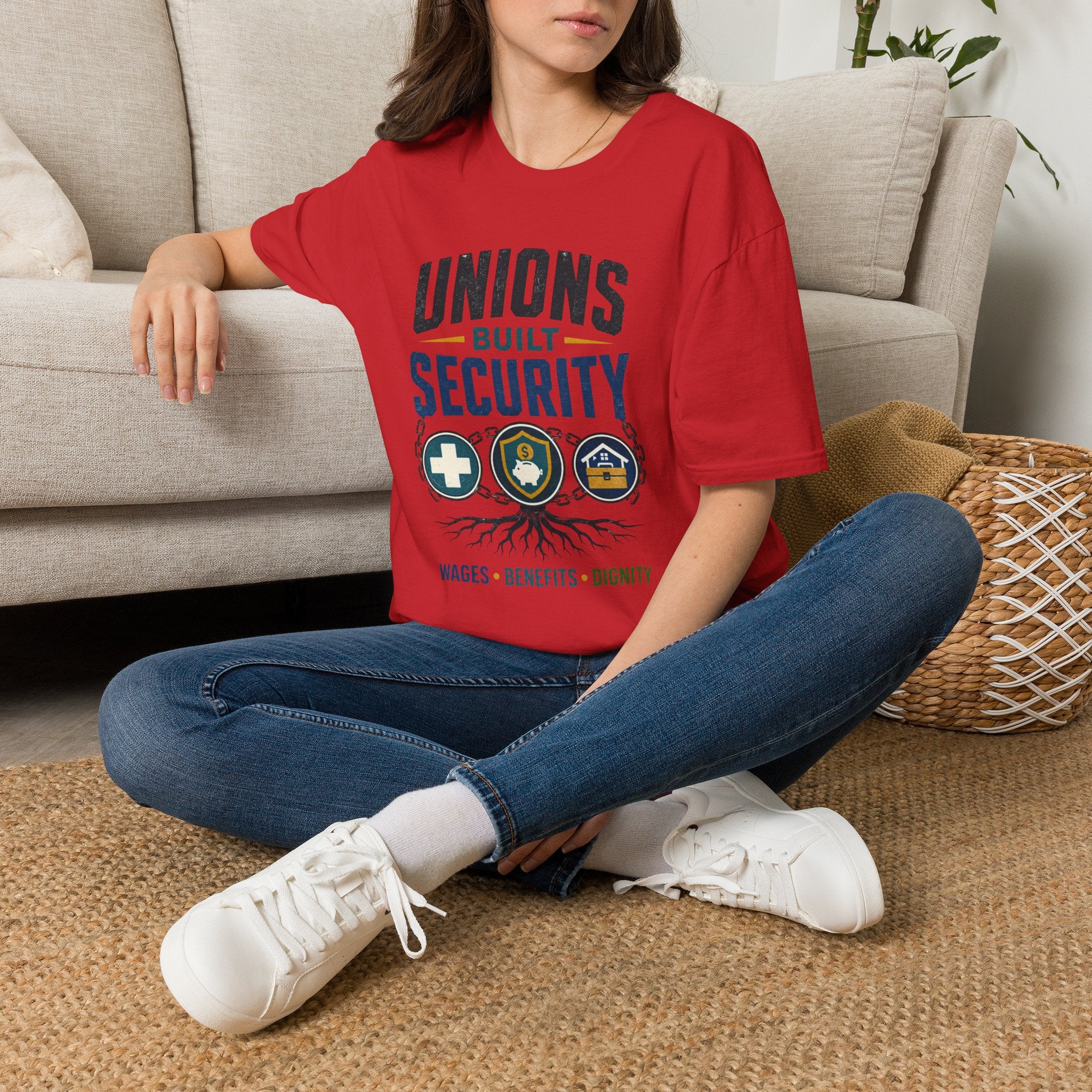 Unions Built Security T-Shirt — Labor Union Solidarity Shirt (Wages • Benefits • Dignity)