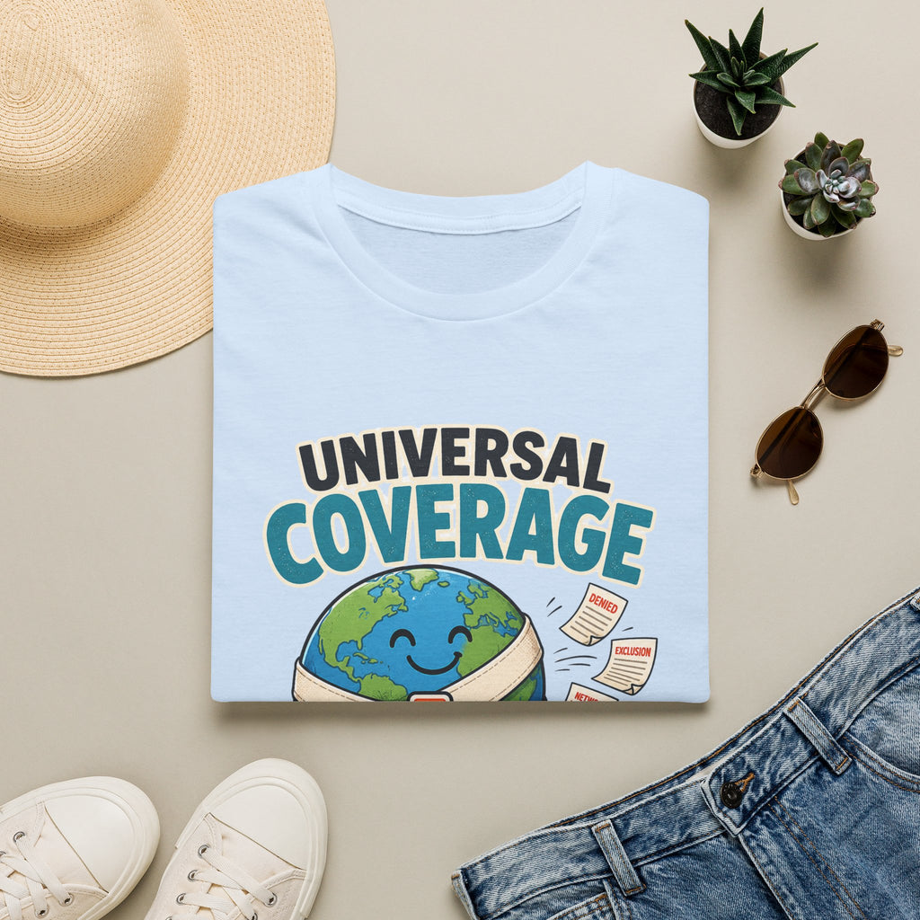 Universal Coverage T-Shirt — Funny Healthcare Earth Graphic (“Not Universal Anxiety”)