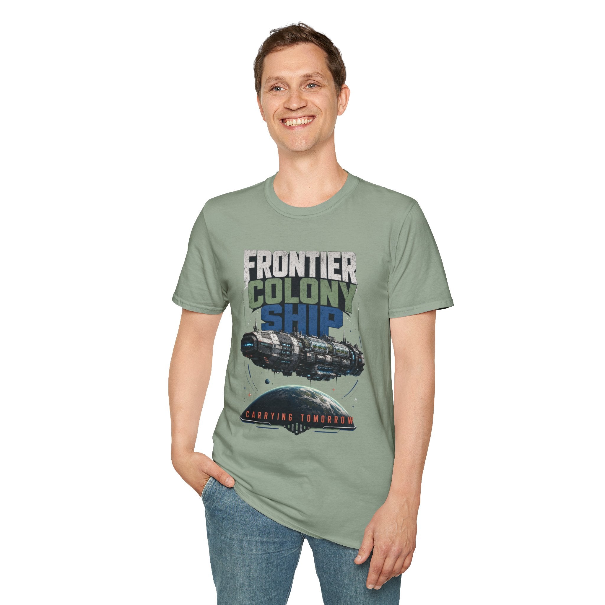 Frontier Colony Ship T-Shirt — Retro Sci‑Fi Space Colony Tee