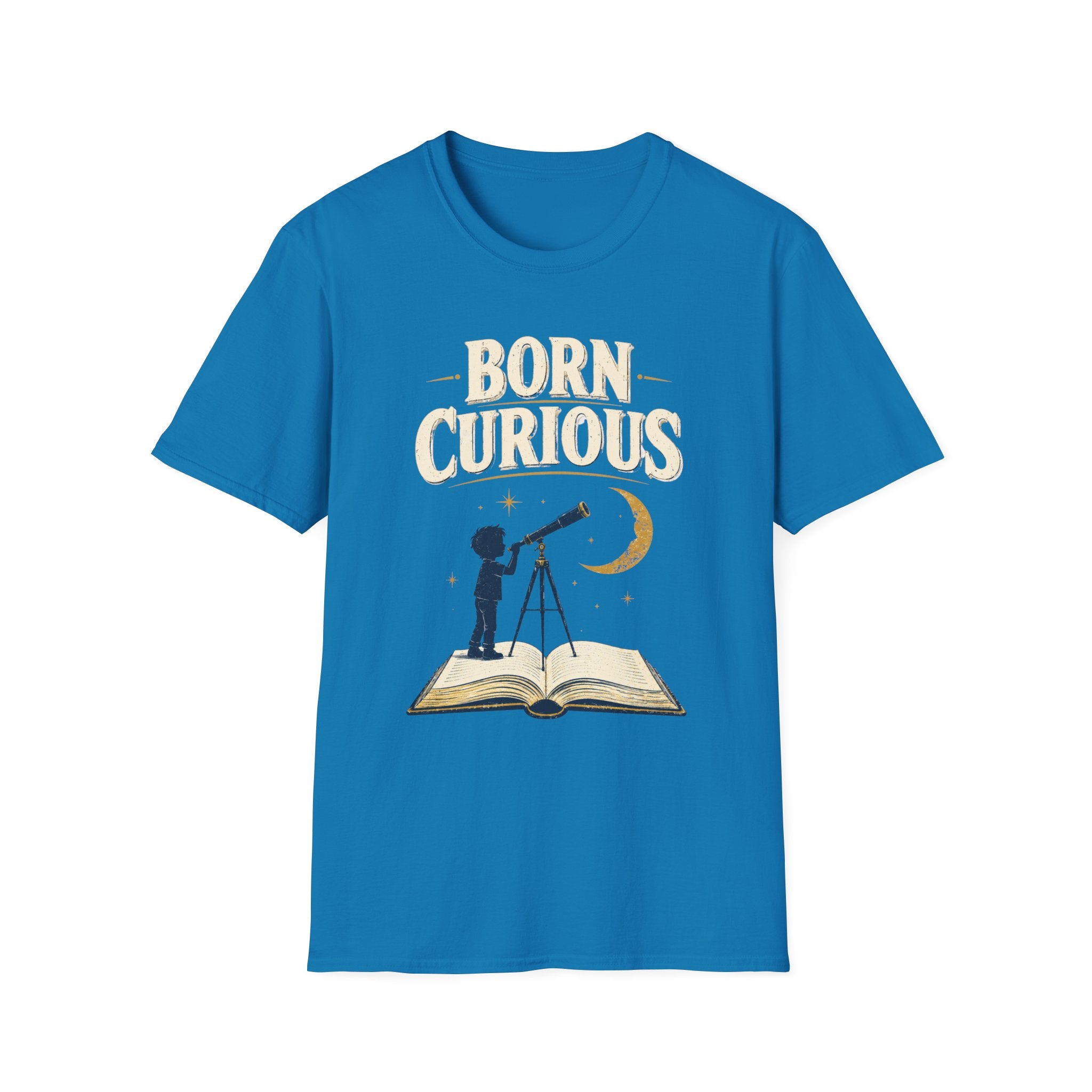 Born Curious T‑Shirt — Telescope Astronomy Graphic Tee for Curious Kids & Adults