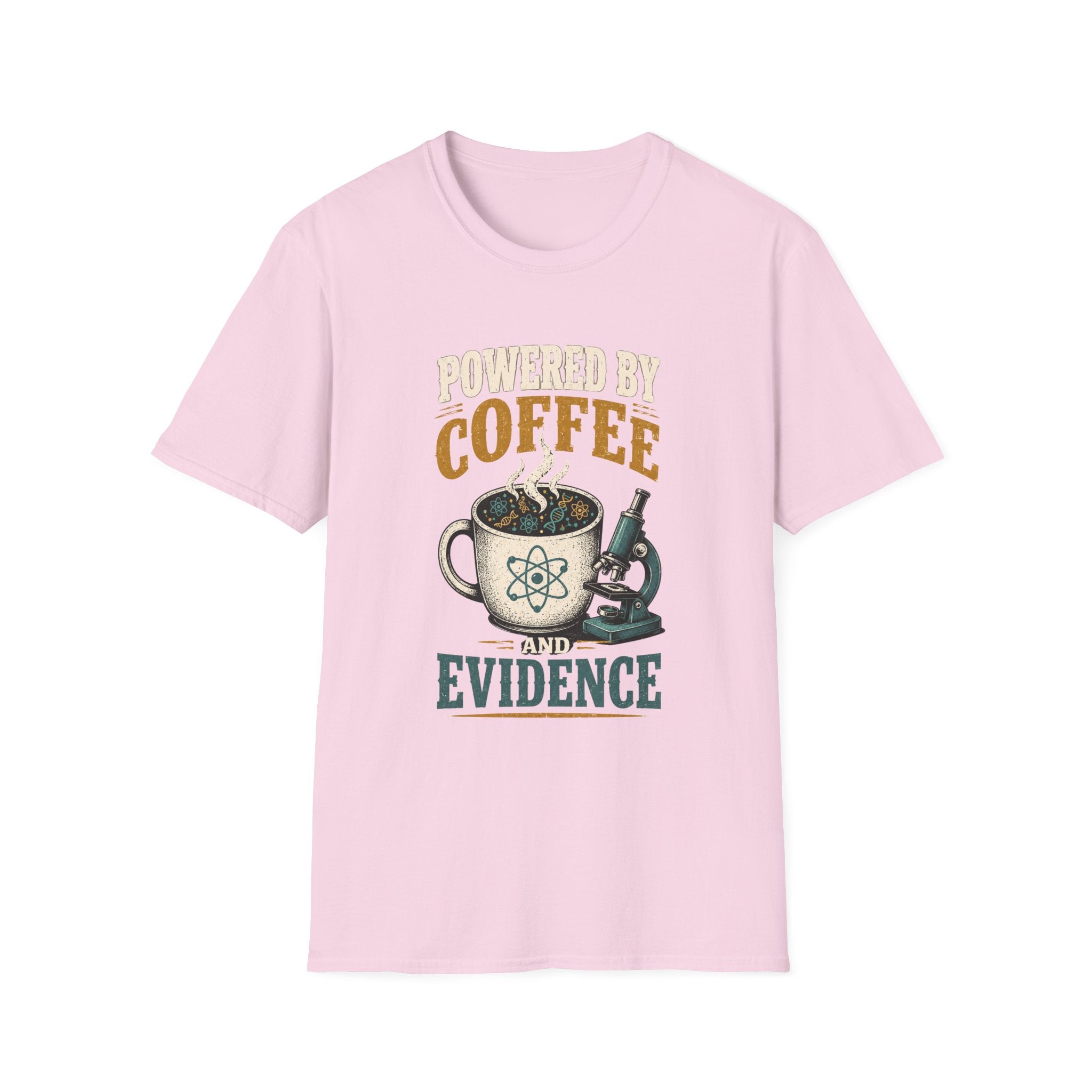 Coffee T-Shirt — "Powered by Coffee & Evidence" Retro Science Mug Design