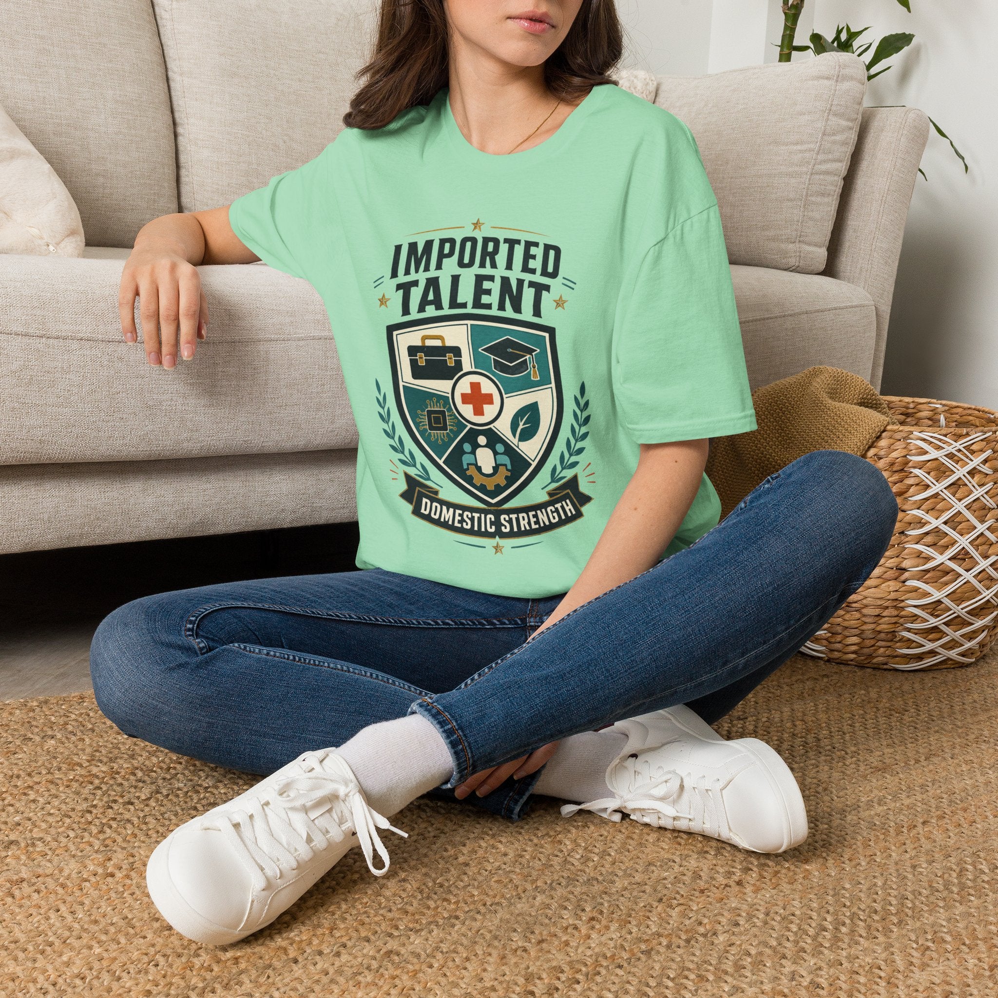 Imported Talent Crest T-Shirt — "Imported Talent, Domestic Strength" Graphic Tee