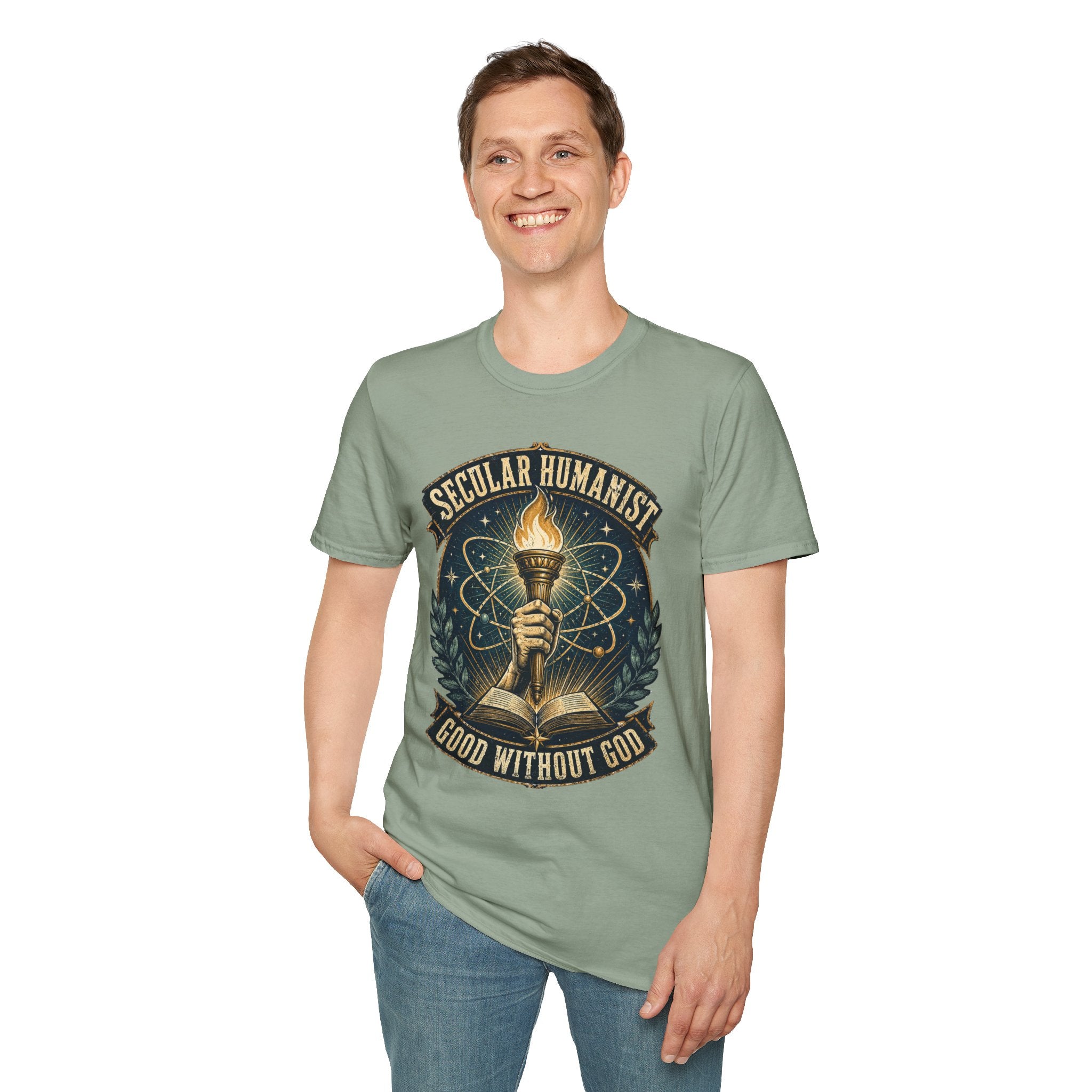Secular Humanist T-Shirt — "Good Without God" Torch Graphic