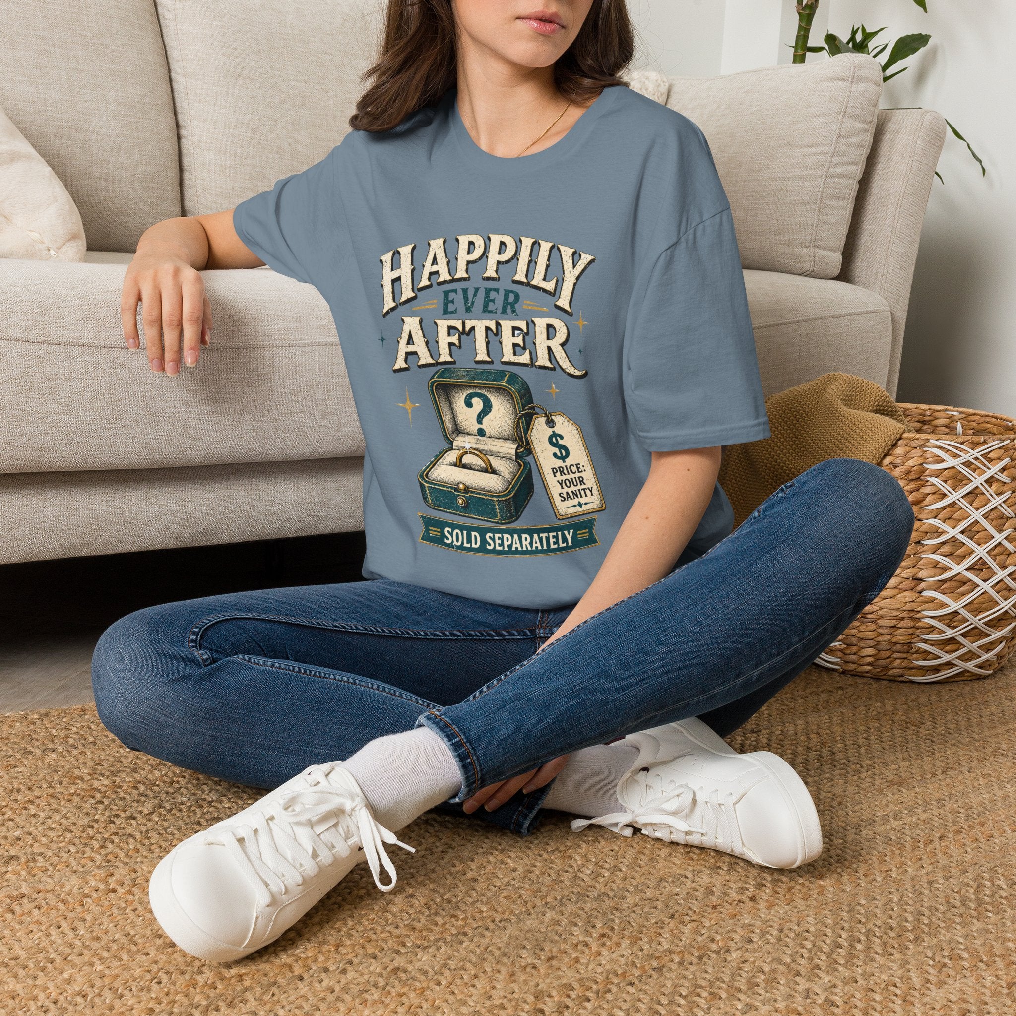 Happily Ever After T-Shirt — Funny Engagement/Marriage Proposal Tee (Ring Box, “Sold Separately” Design)