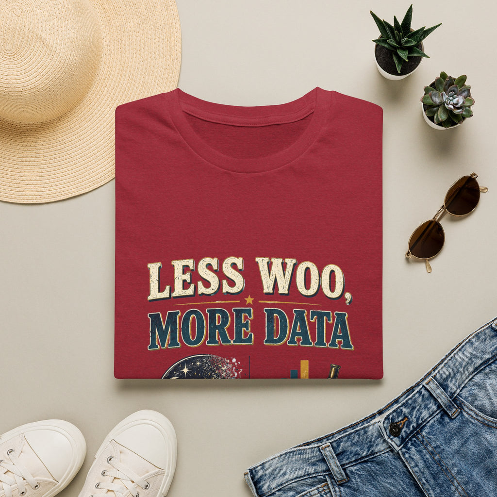 Less Woo, More Data Graphic T-Shirt — Science & Skepticism Tee