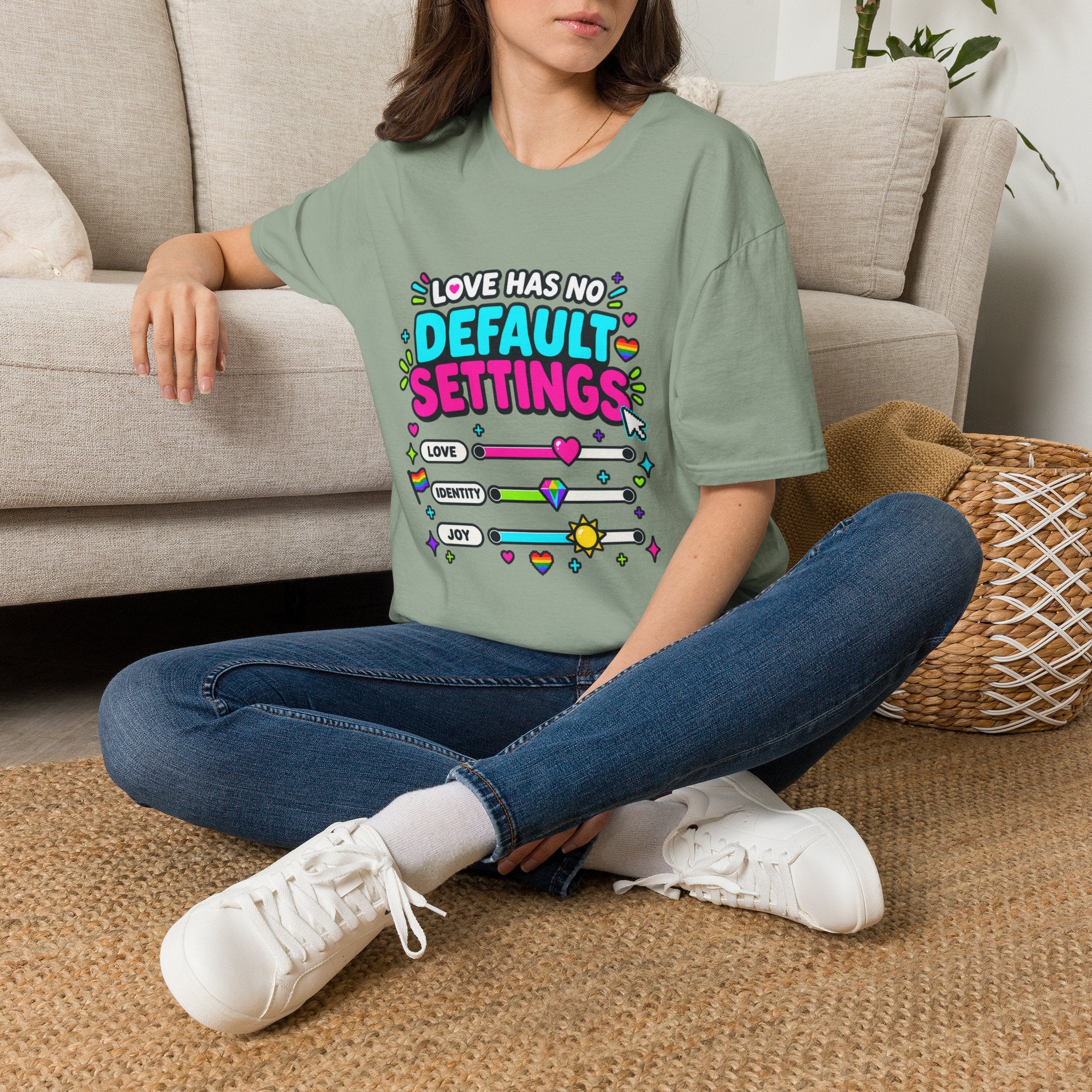 "Love Has No Default Settings" Bright LGBTQ+ Pride Graphic Tee