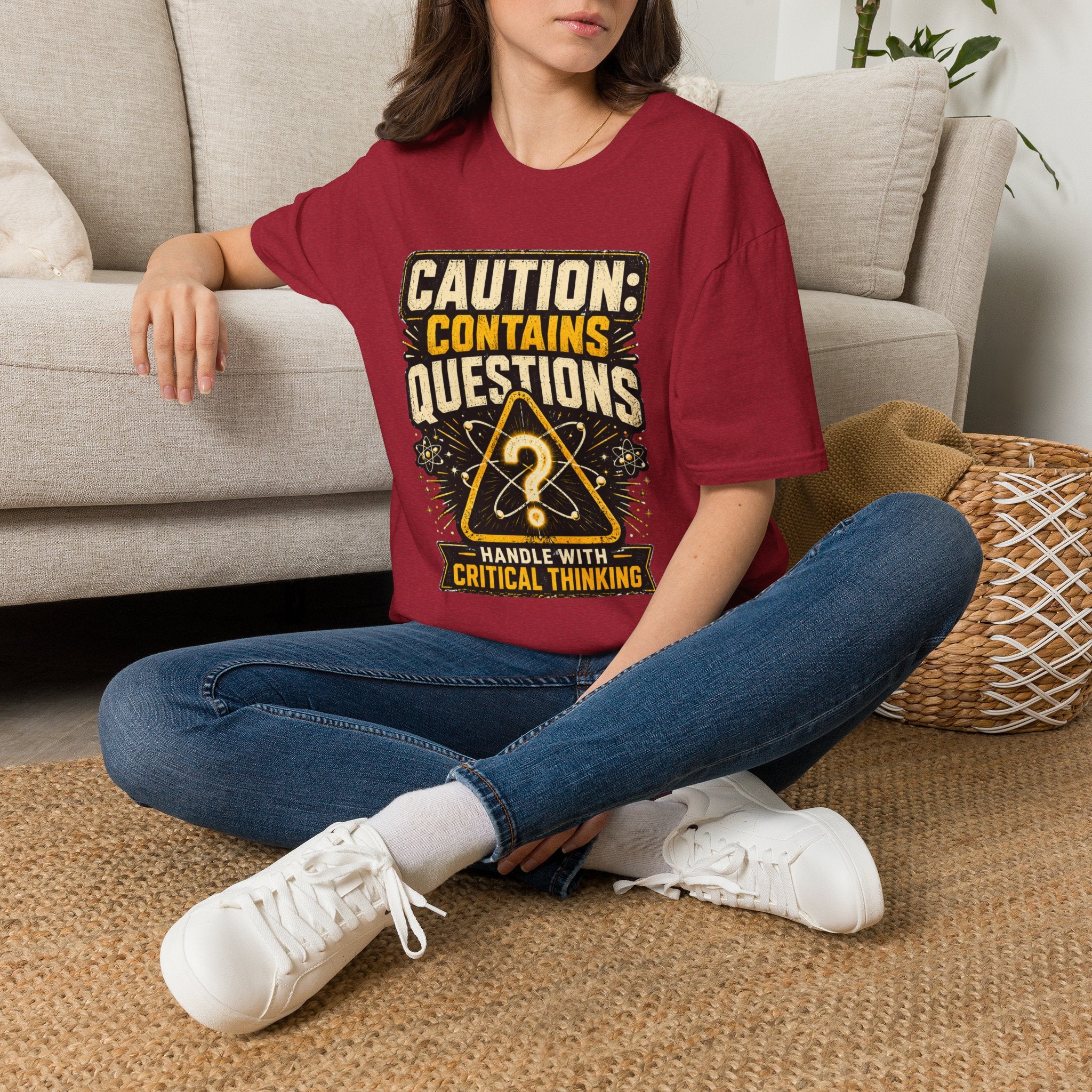 Caution: Contains Questions T-Shirt — Handle With Critical Thinking Graphic Tee