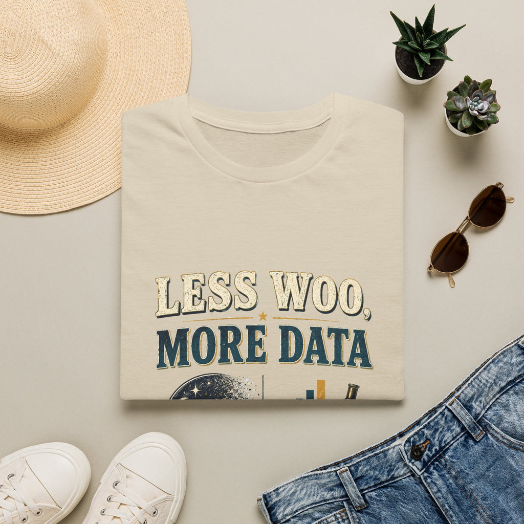 Less Woo, More Data Graphic T-Shirt — Science & Skepticism Tee