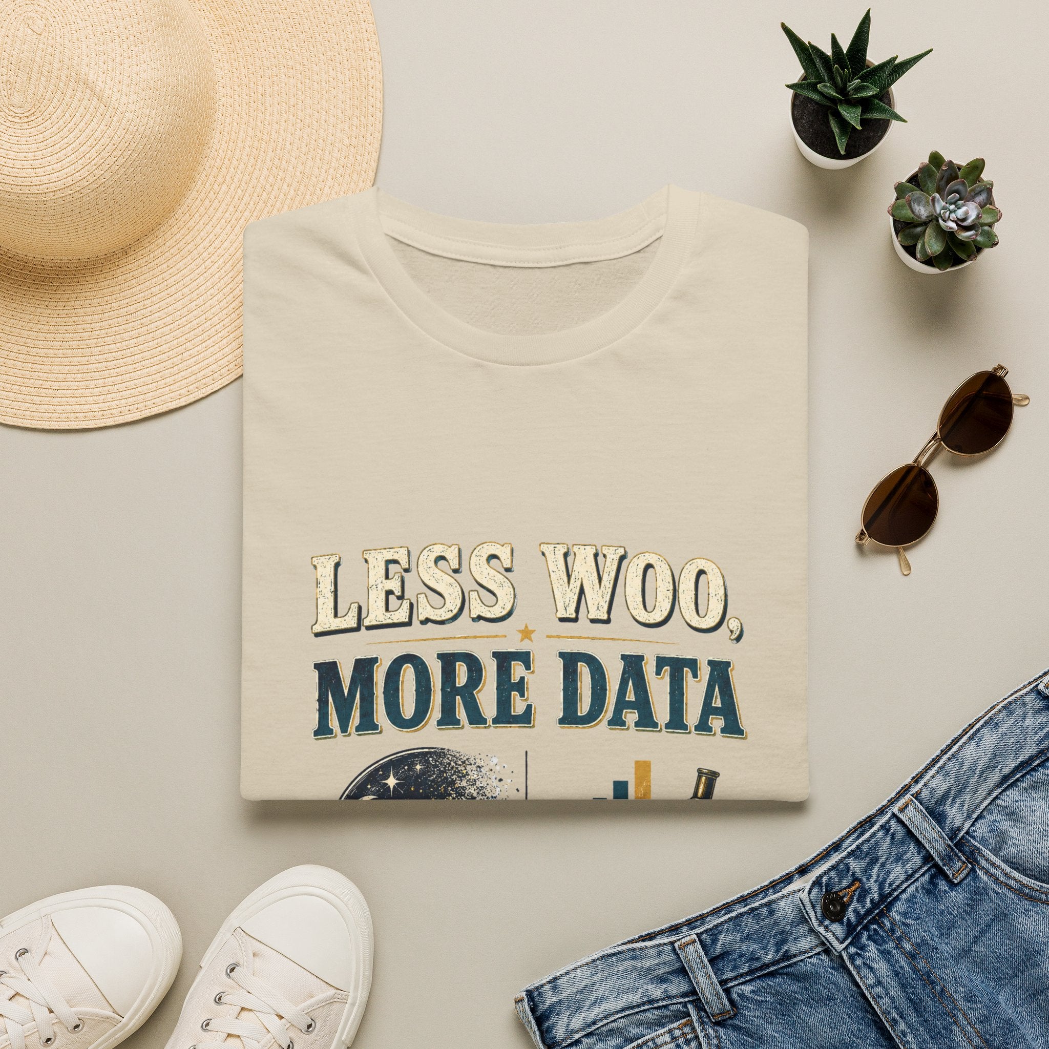 Less Woo, More Data Graphic T-Shirt — Science & Skepticism Tee