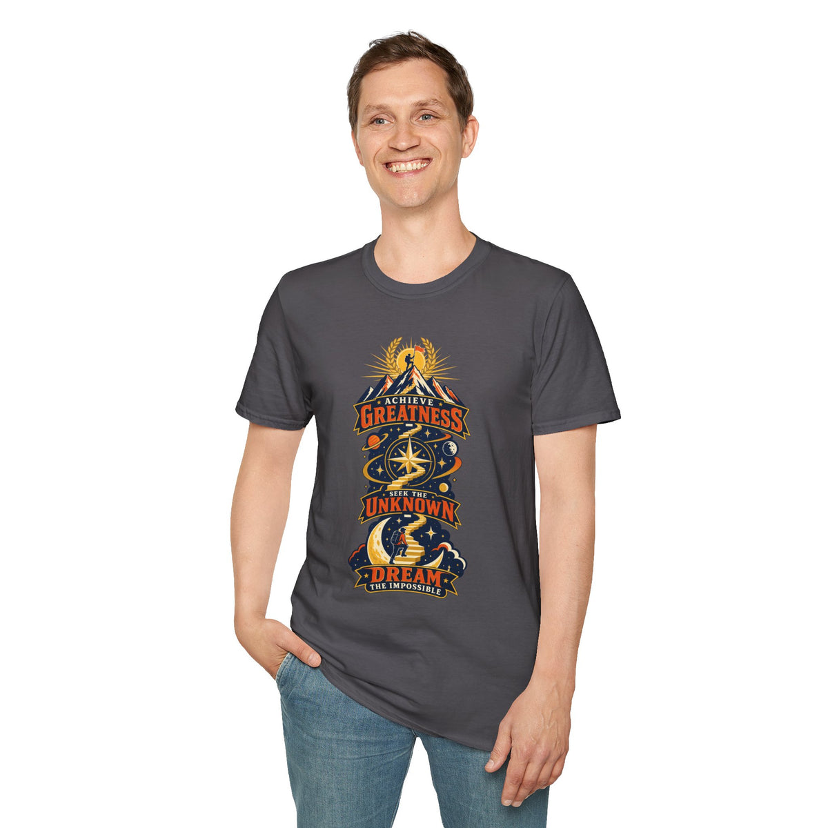 Achieve Greatness Graphic T-Shirt — Inspirational Mountain Adventure Design