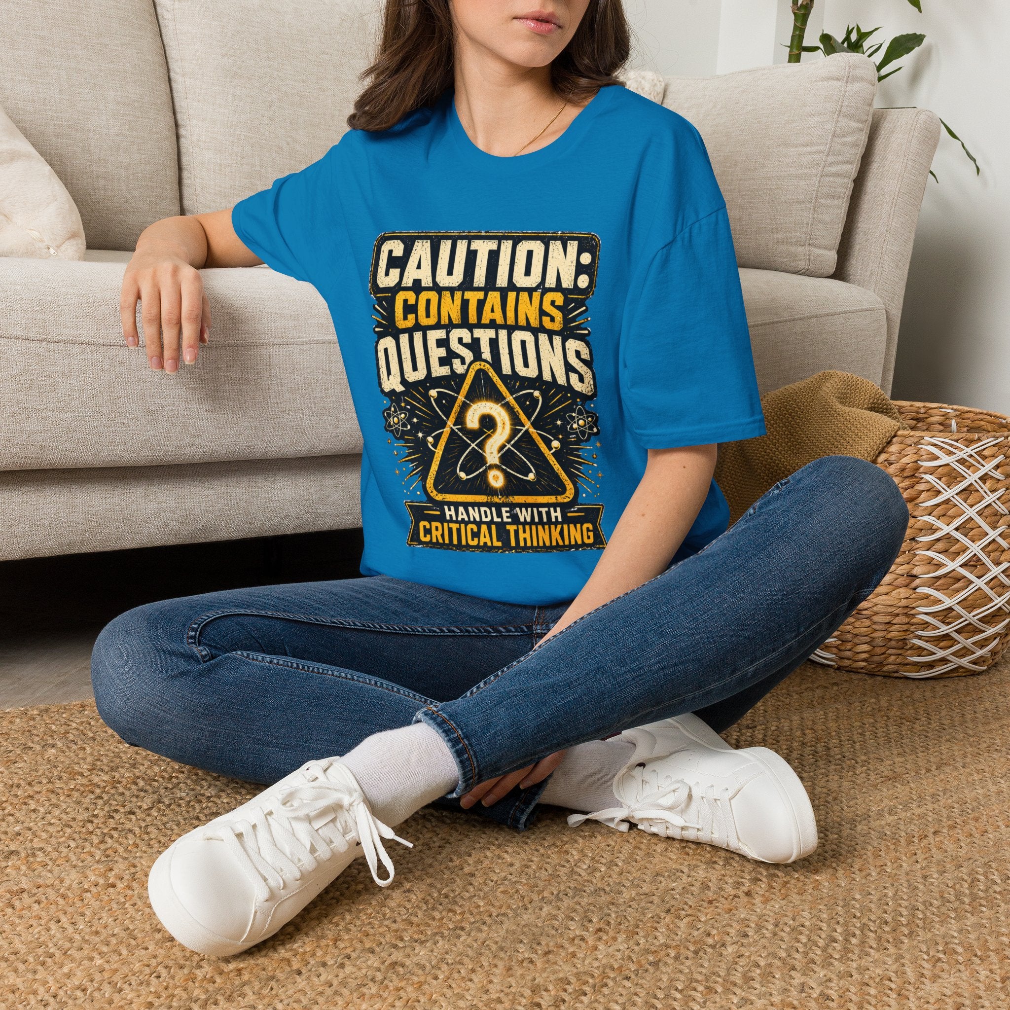 Caution: Contains Questions T-Shirt — Handle With Critical Thinking Graphic Tee
