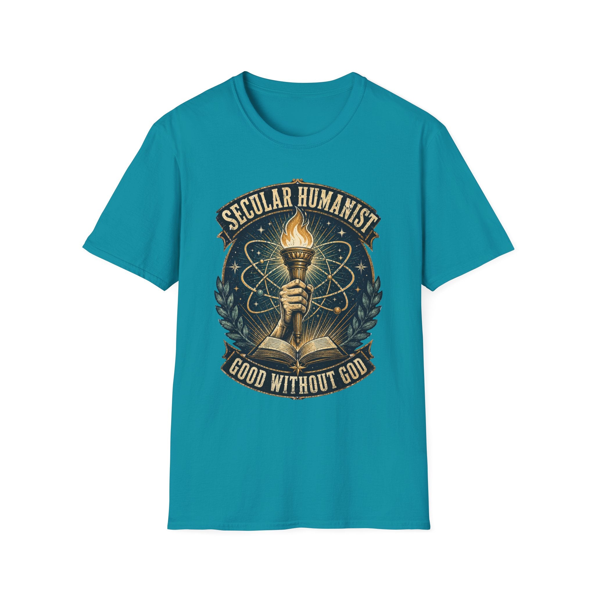 Secular Humanist T-Shirt — "Good Without God" Torch Graphic