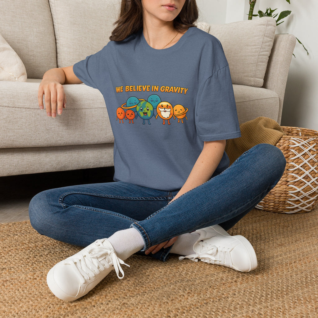 Cute Planetary Cartoon "We Believe in Gravity" Tee