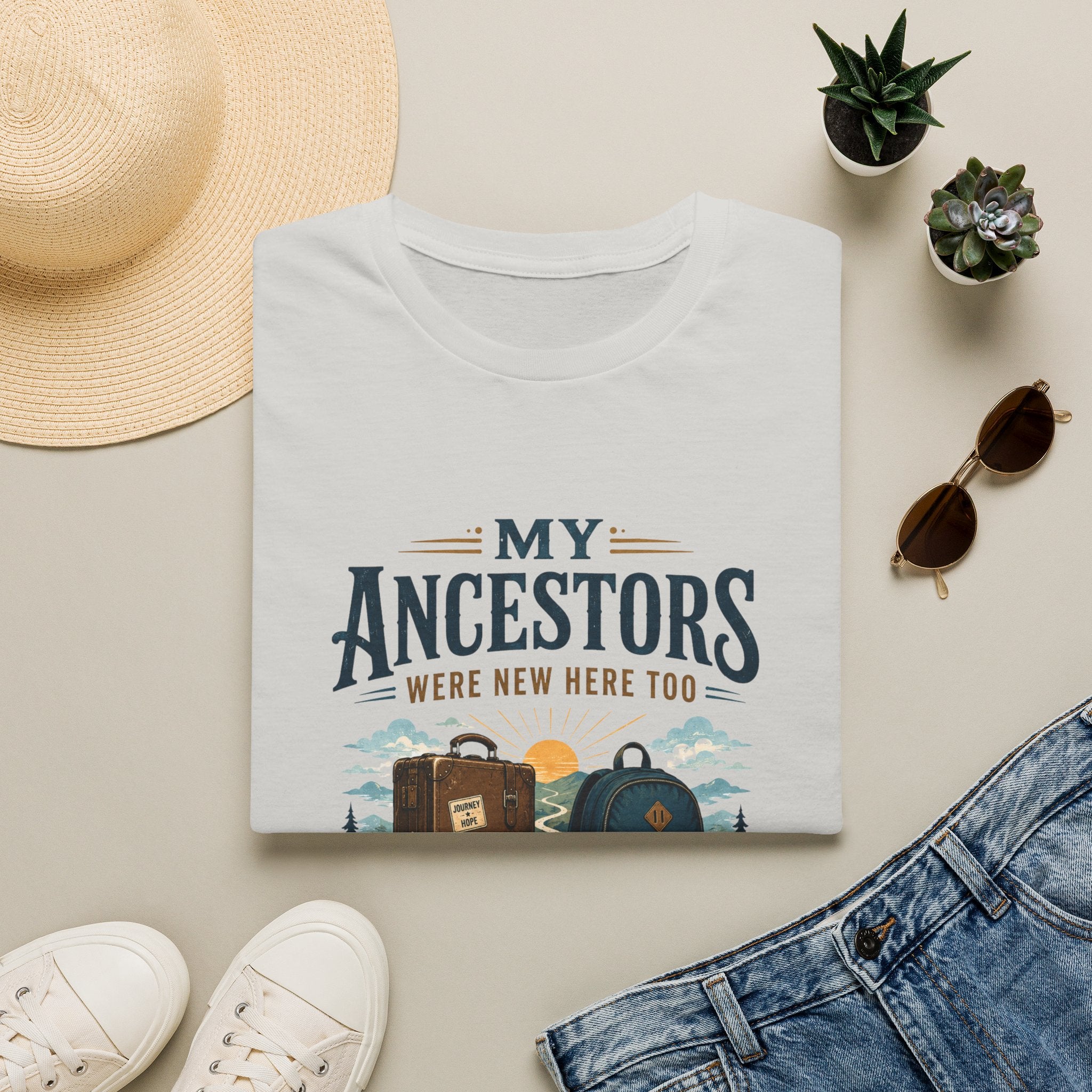 T-Shirt — "My Ancestors Were New Here Too" Vintage Travel Roots Tee