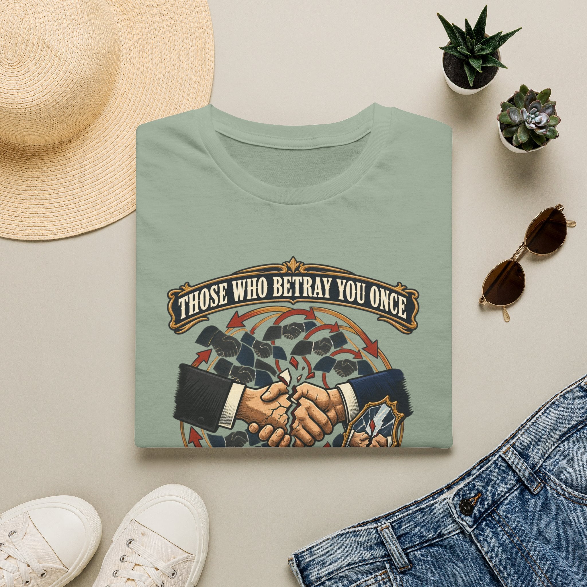 "Those Who Betray You Once" Vintage Shaking Hands Graphic