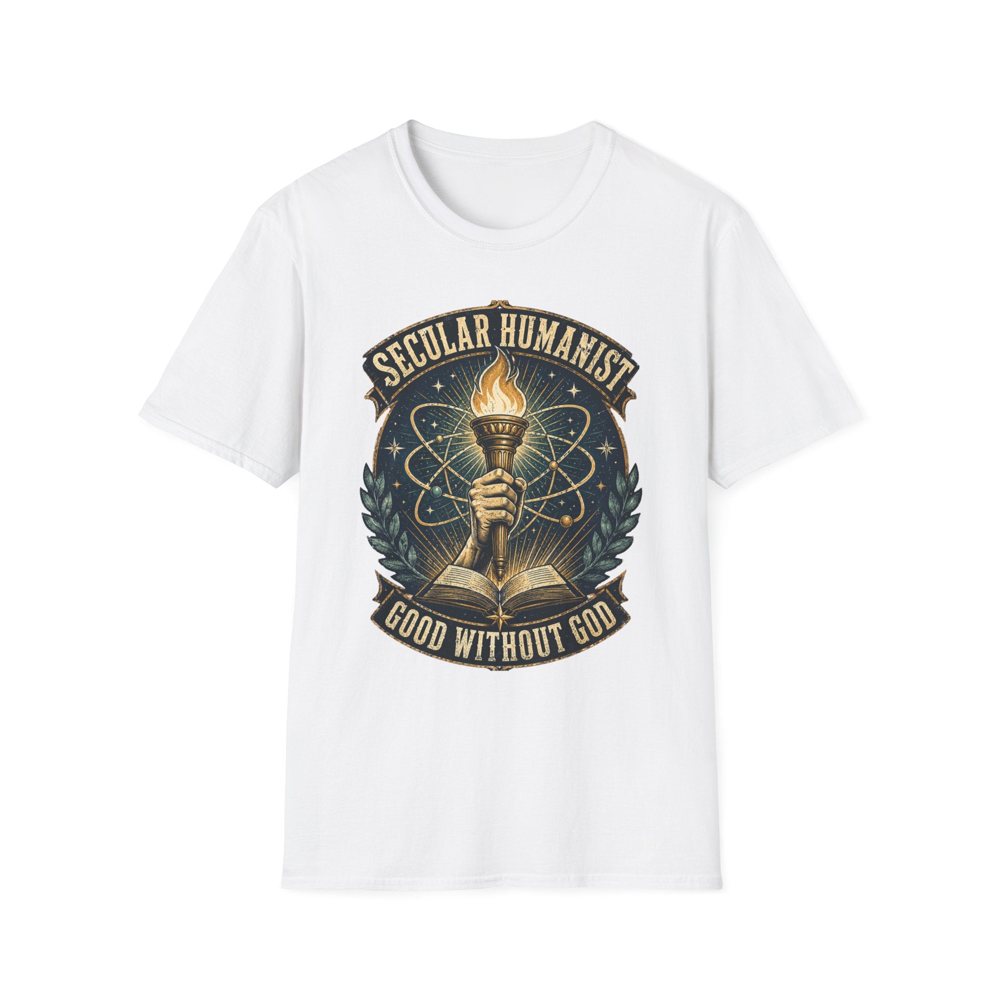 Secular Humanist T-Shirt — "Good Without God" Torch Graphic