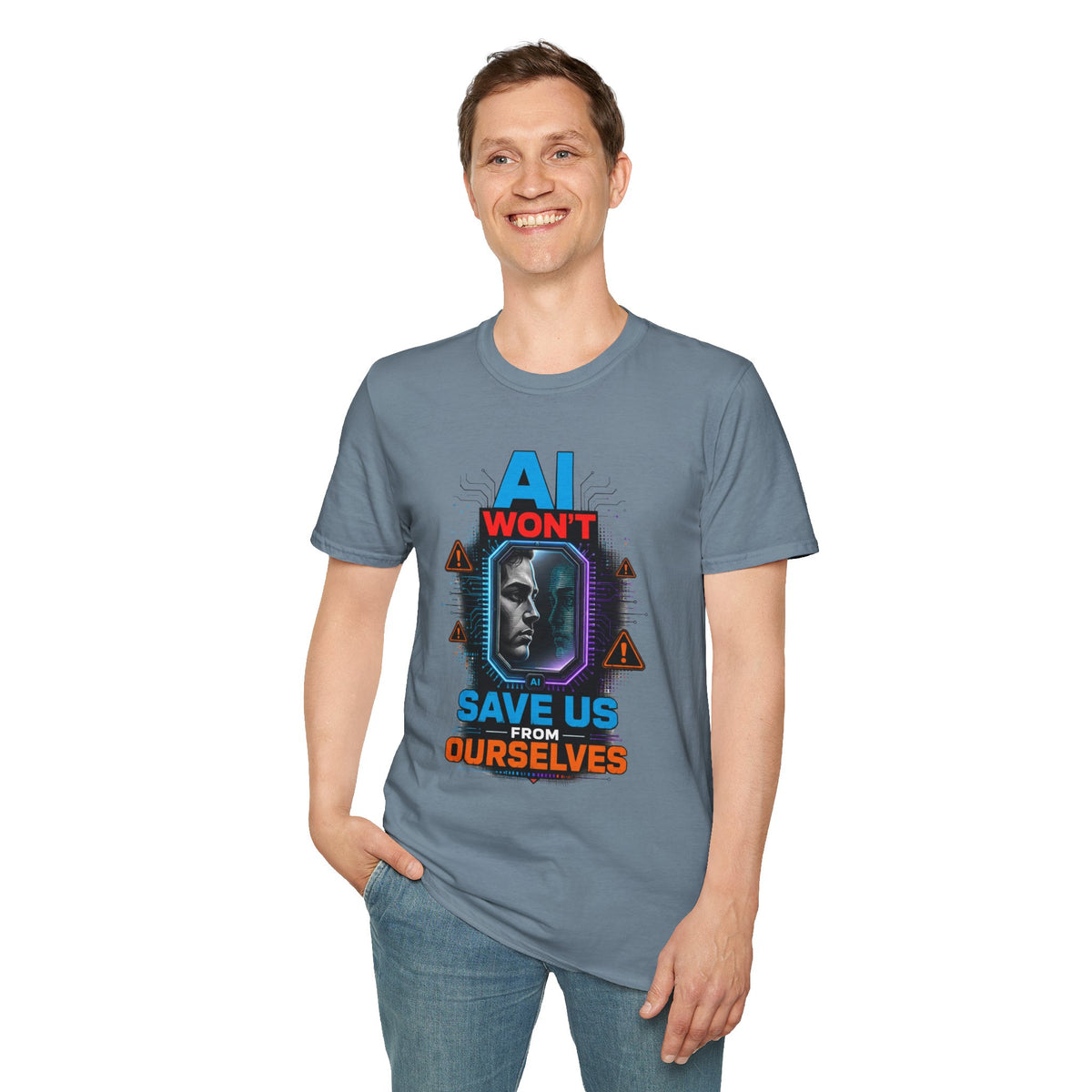 "AI Won't Save Us From Ourselves" Futuristic Tech Statement Tee