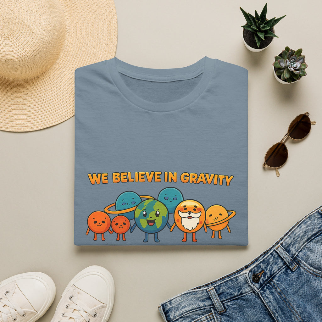 Cute Planetary Cartoon "We Believe in Gravity" Tee