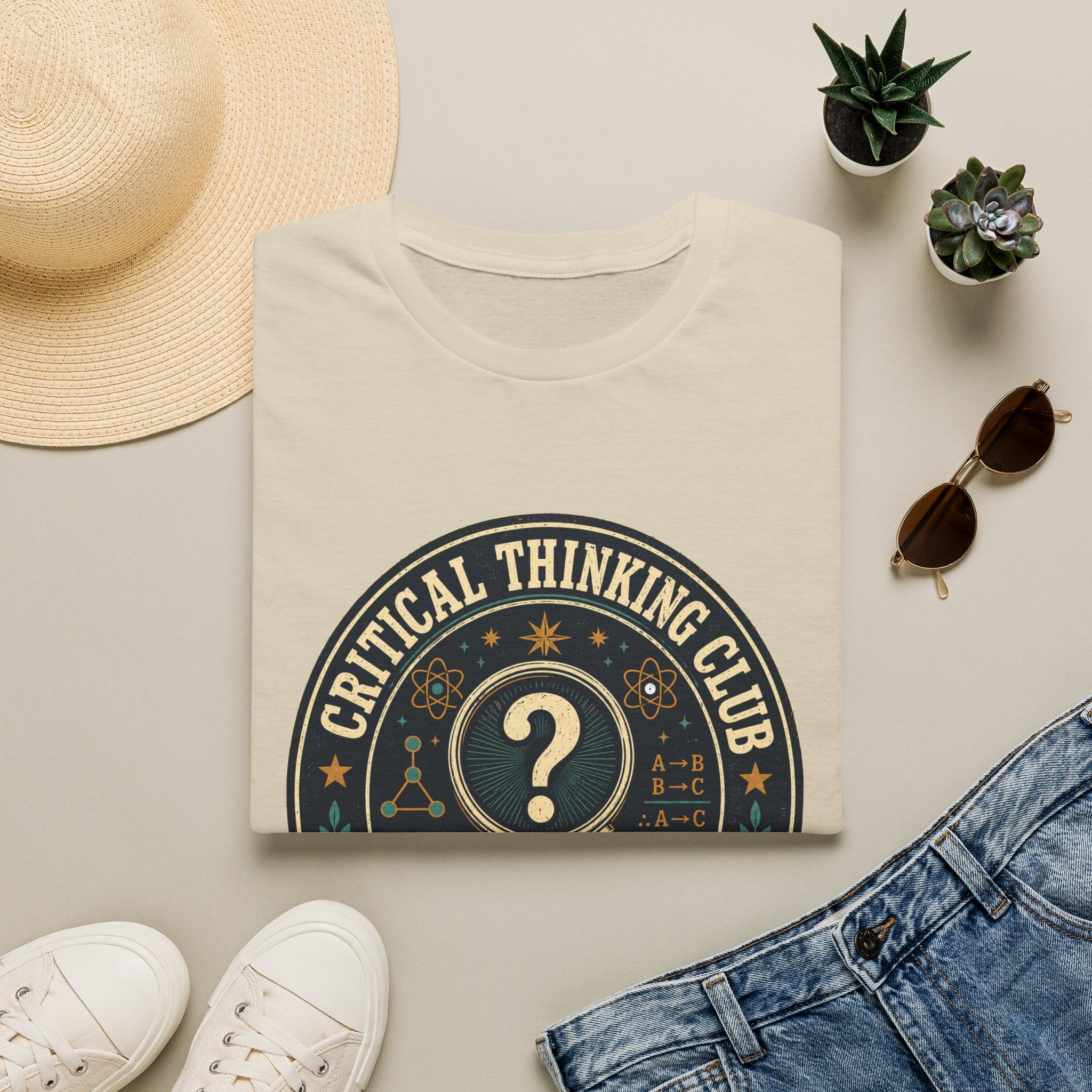 Critical Thinking Club T-Shirt – Vintage Magnifying Glass Design (Since The First Question)