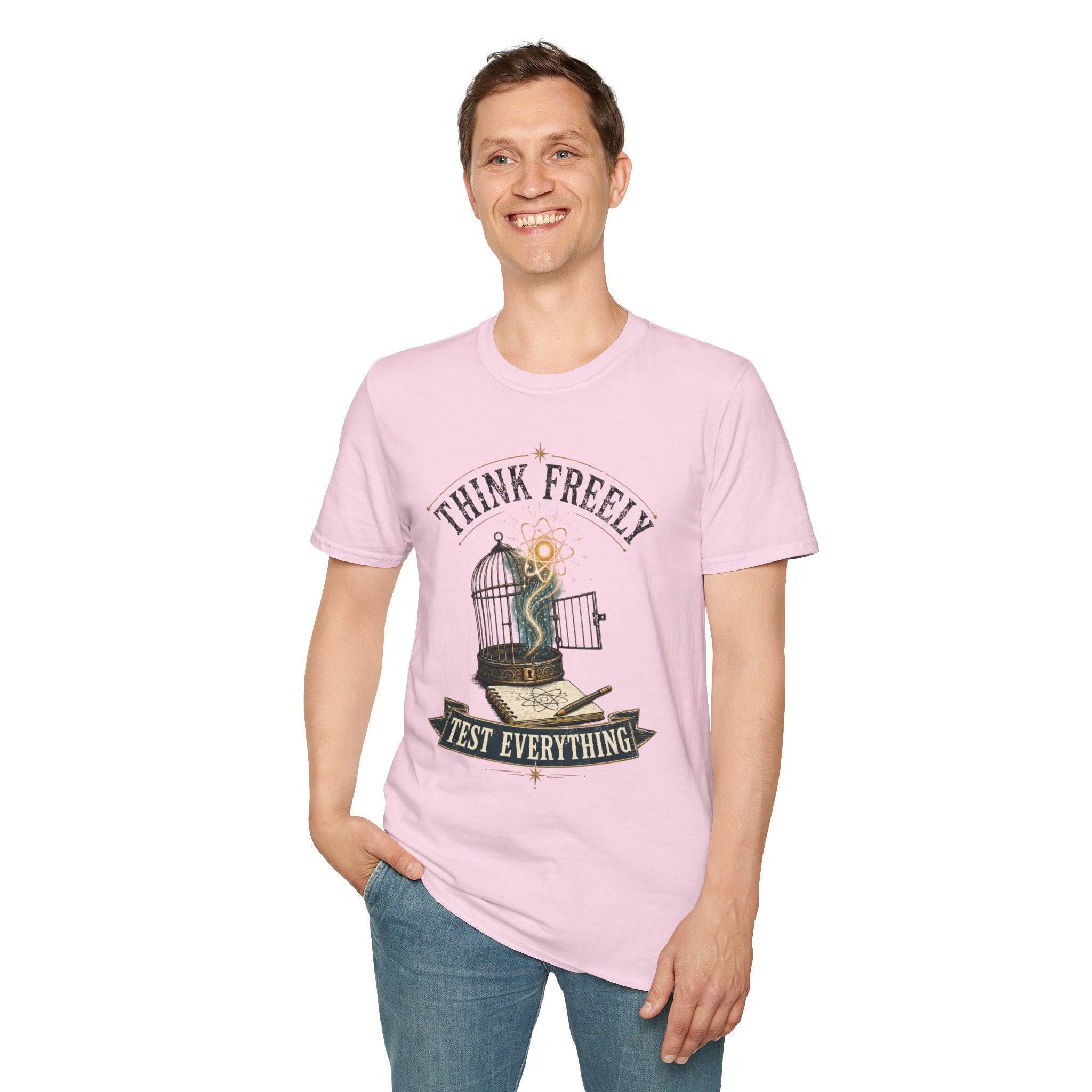 Think Freely T-Shirt — 'Test Everything' Inspirational Cage & Book Graphic Tee