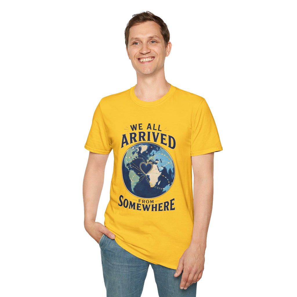 T-Shirt — "We All Arrived From Somewhere" Earth Graphic Tee (Travel & Unity)