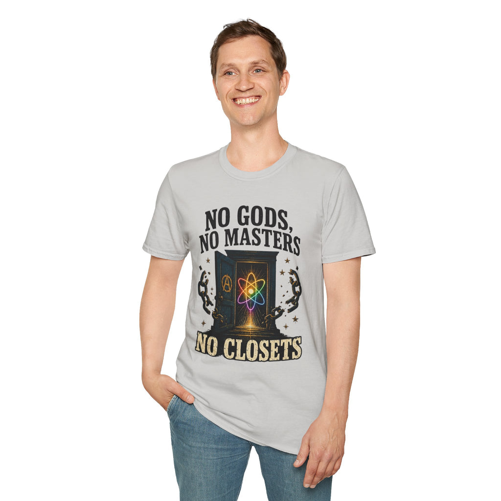 "No Gods, No Masters, No Closets" Atheist & LGBTQ+ Pride Graphic Tee