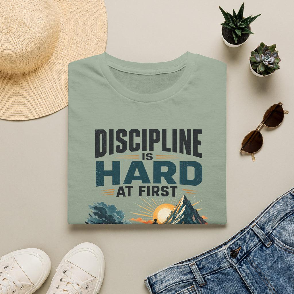 T-Shirt — "Discipline Is Hard at First" Motivational Graphic Tee