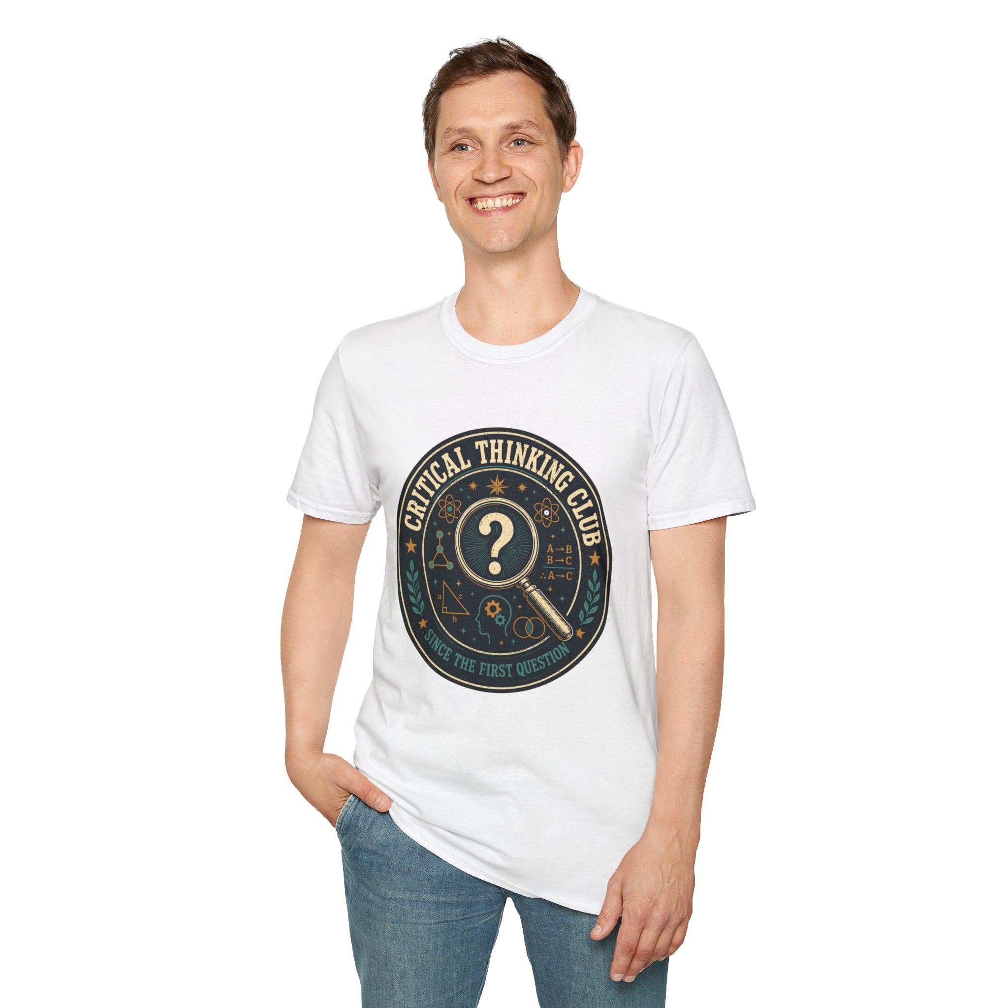 Critical Thinking Club T-Shirt – Vintage Magnifying Glass Design (Since The First Question)