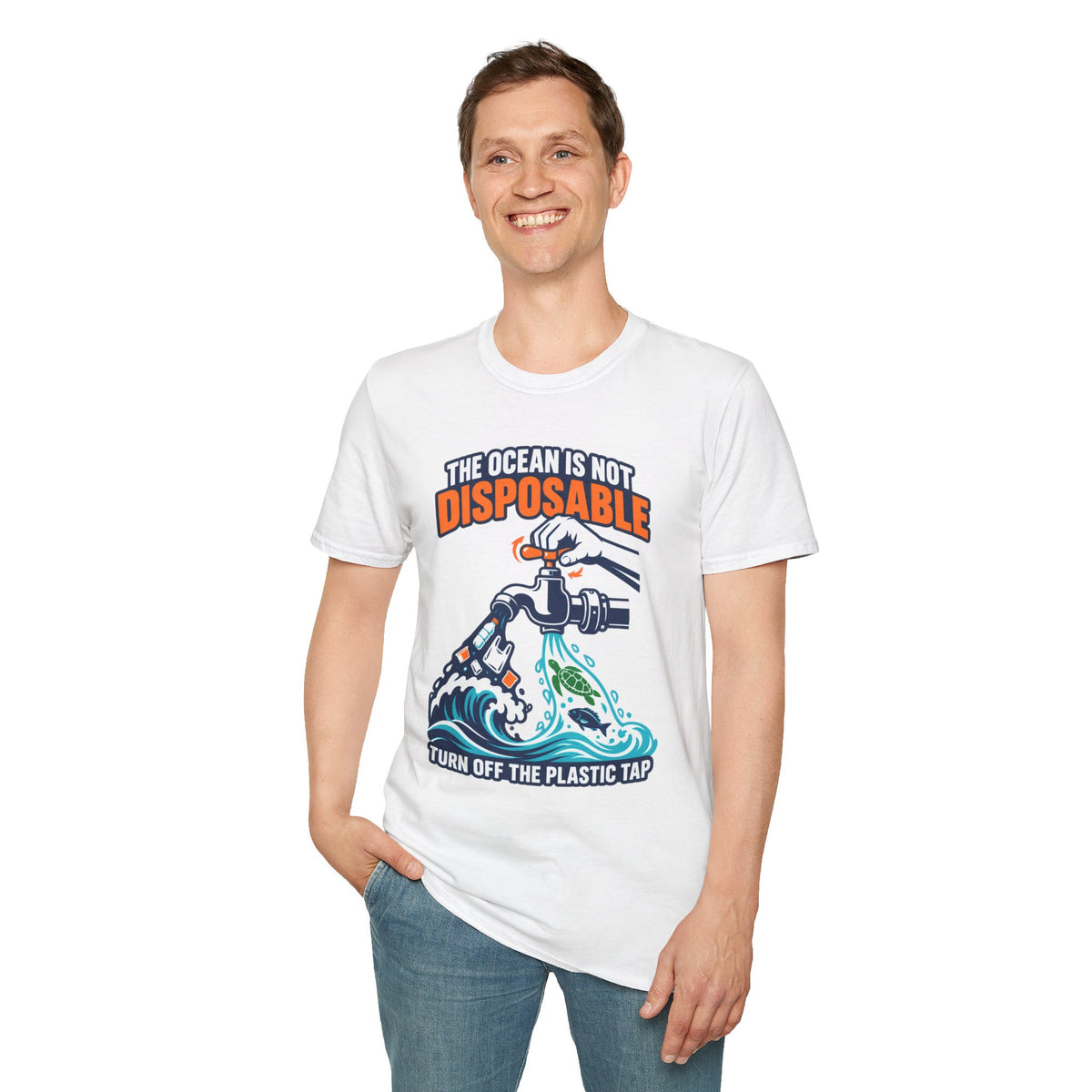 Ocean Conservation T-Shirt — "The Ocean Is Not Disposable" Plastic Tap Graphic