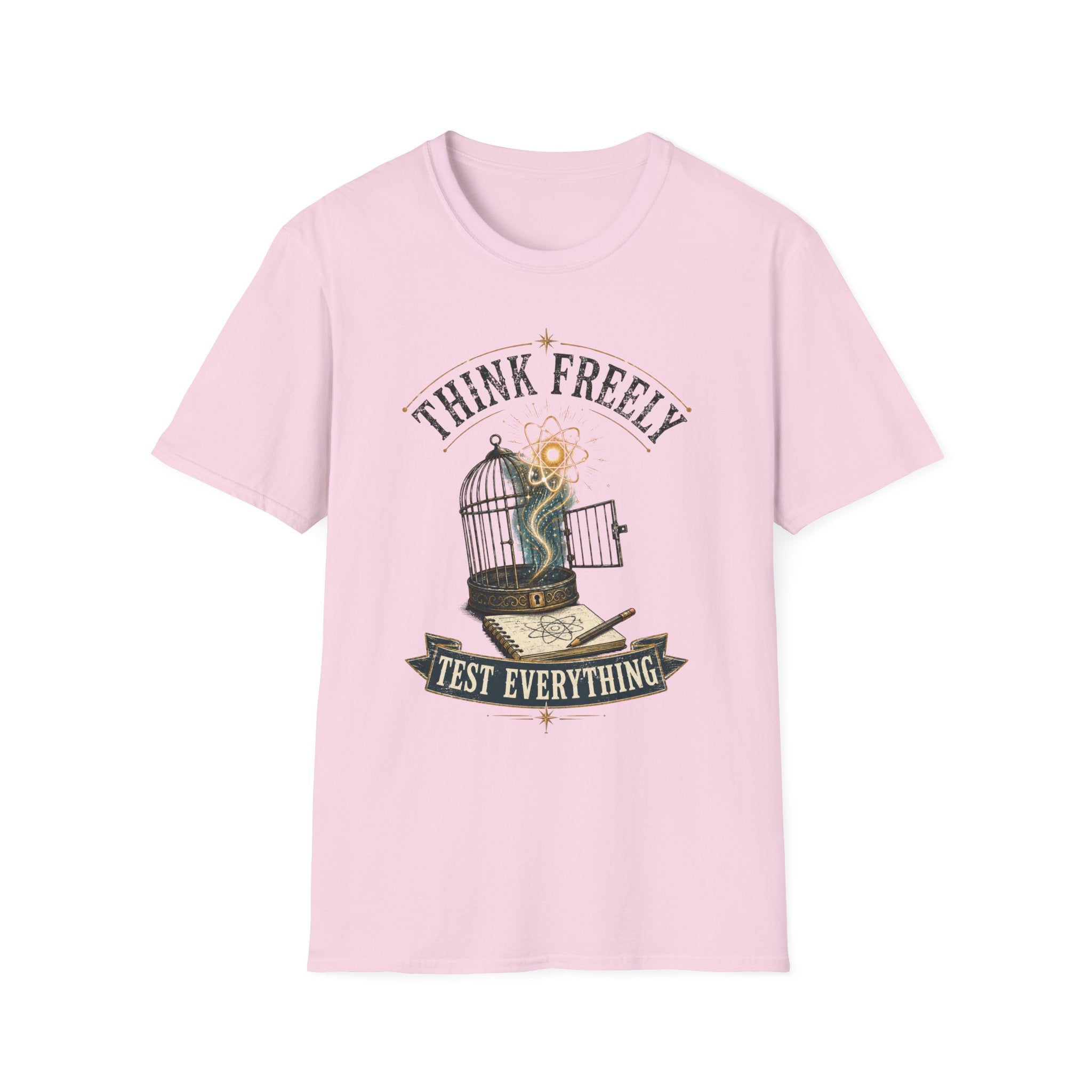 Think Freely T-Shirt — 'Test Everything' Inspirational Cage & Book Graphic Tee