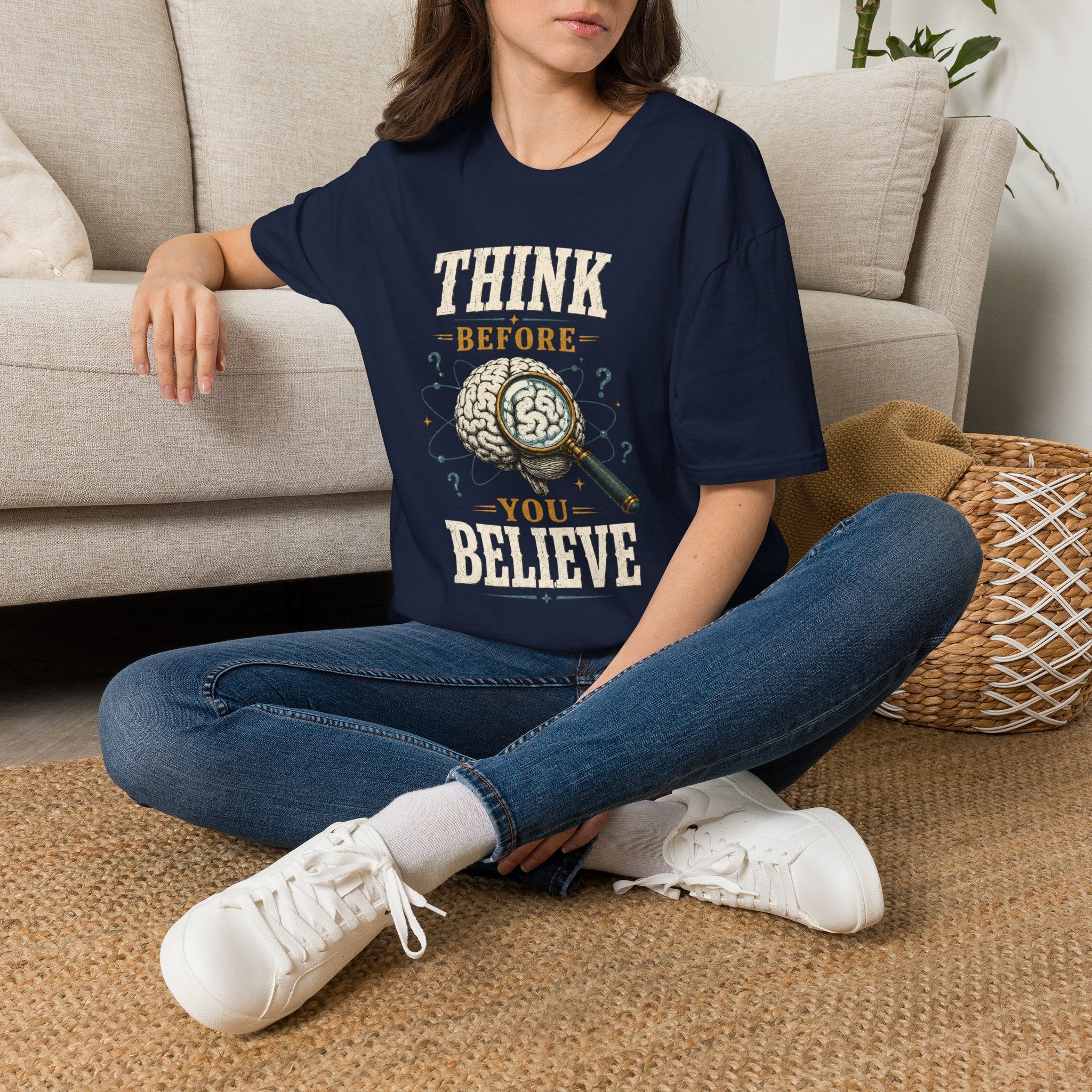 Think Before You Believe T-Shirt — Vintage Brain Graphic Tee