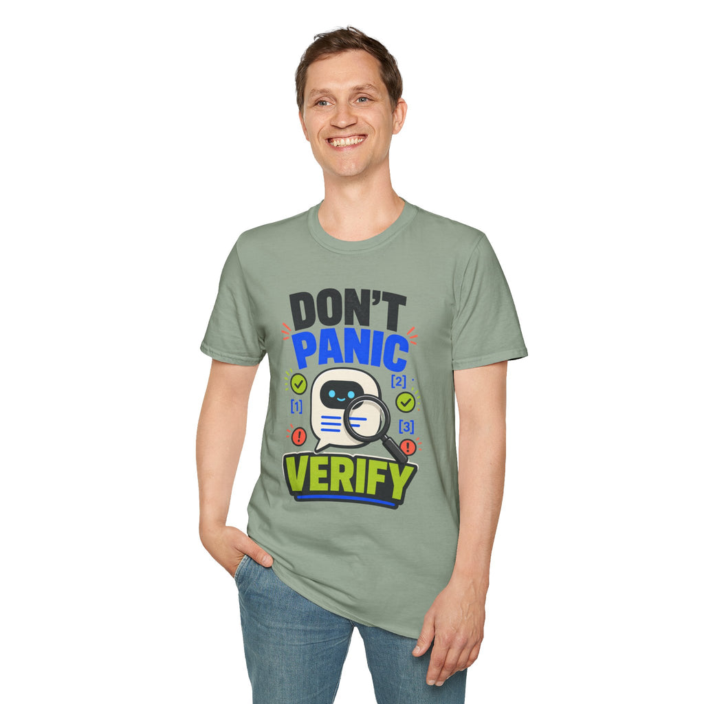 Don't Panic Verify T‑Shirt — Cute Robot Security Humor Tee for Techies