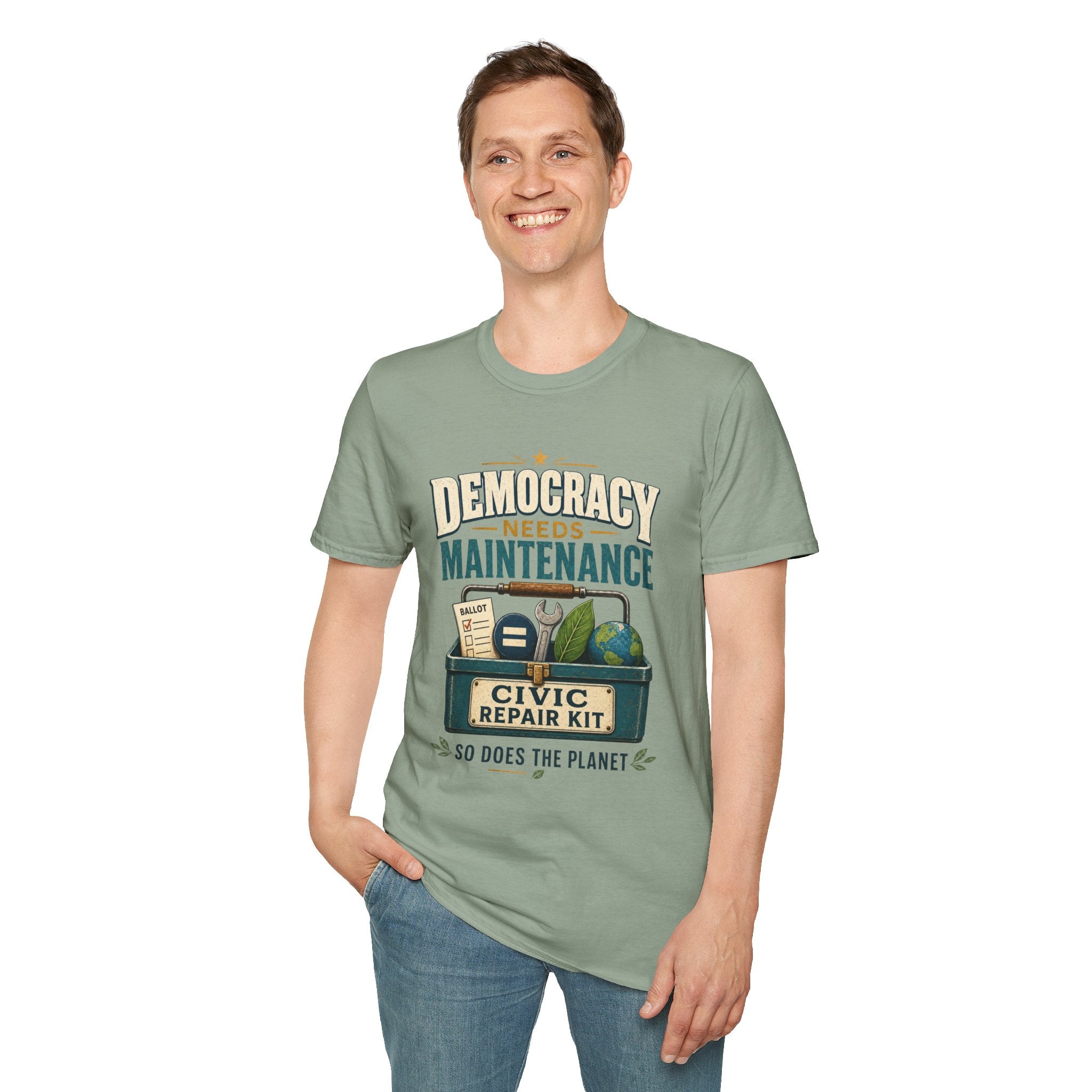 Democracy Needs Maintenance T-Shirt — Civic Repair Kit Tee